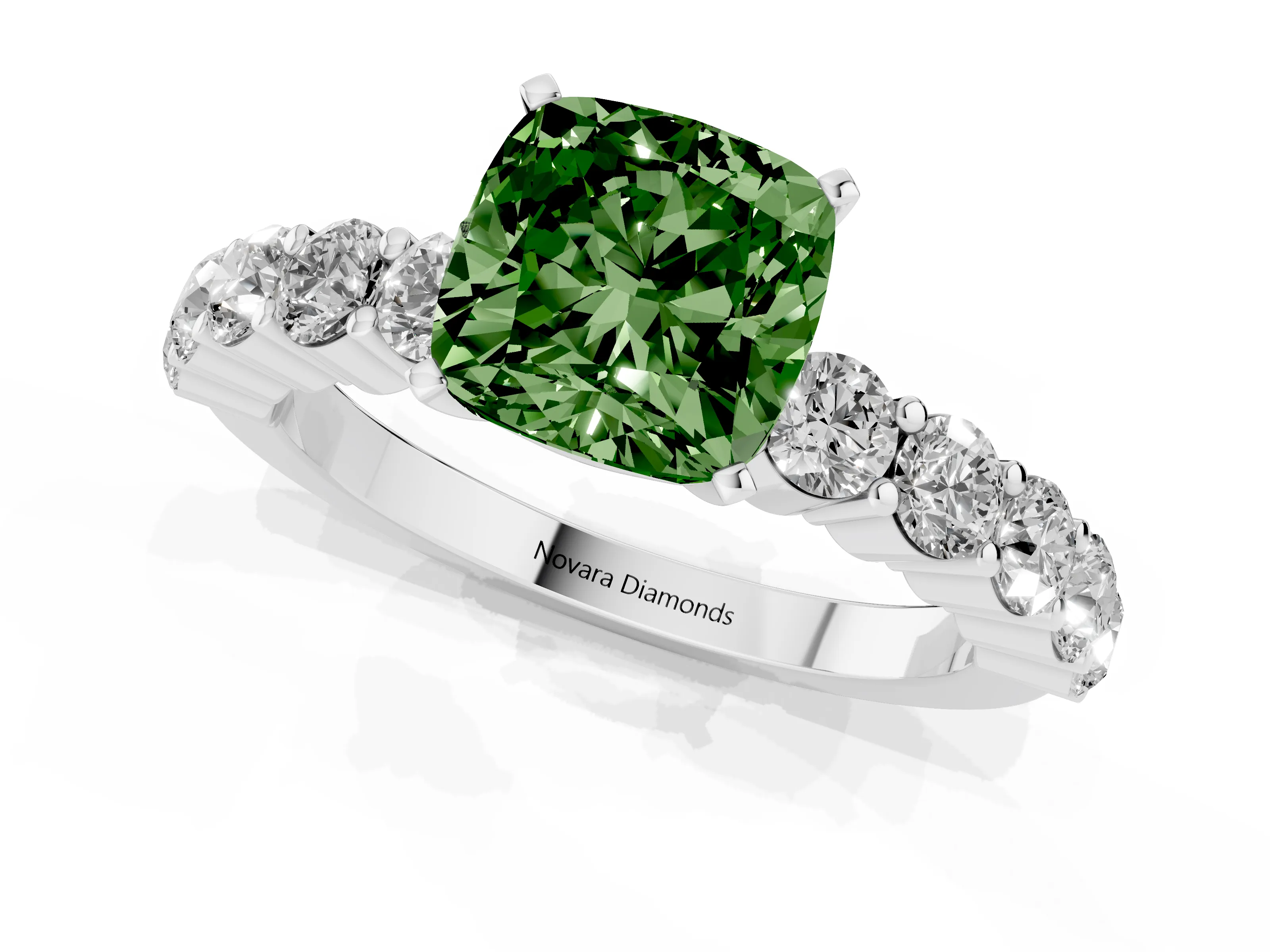 Fancy Green Cushion Cut Diamond Solitaire Ring Set in Silver with Shared Prong Round Side Stones