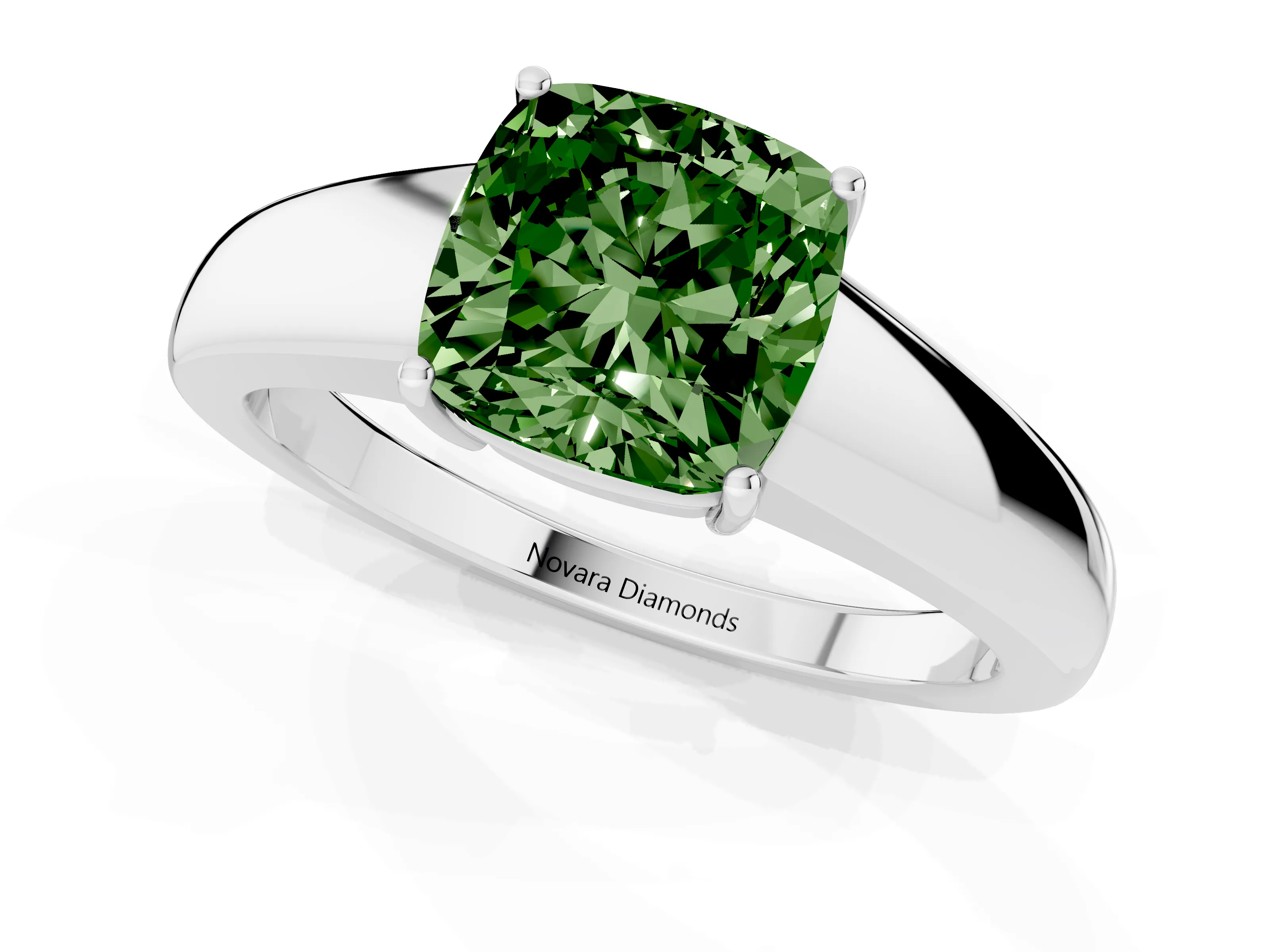Fancy Green Cushion Cut Diamond Solitaire Ring Set in White gold with Tapered Band and Prong Setting