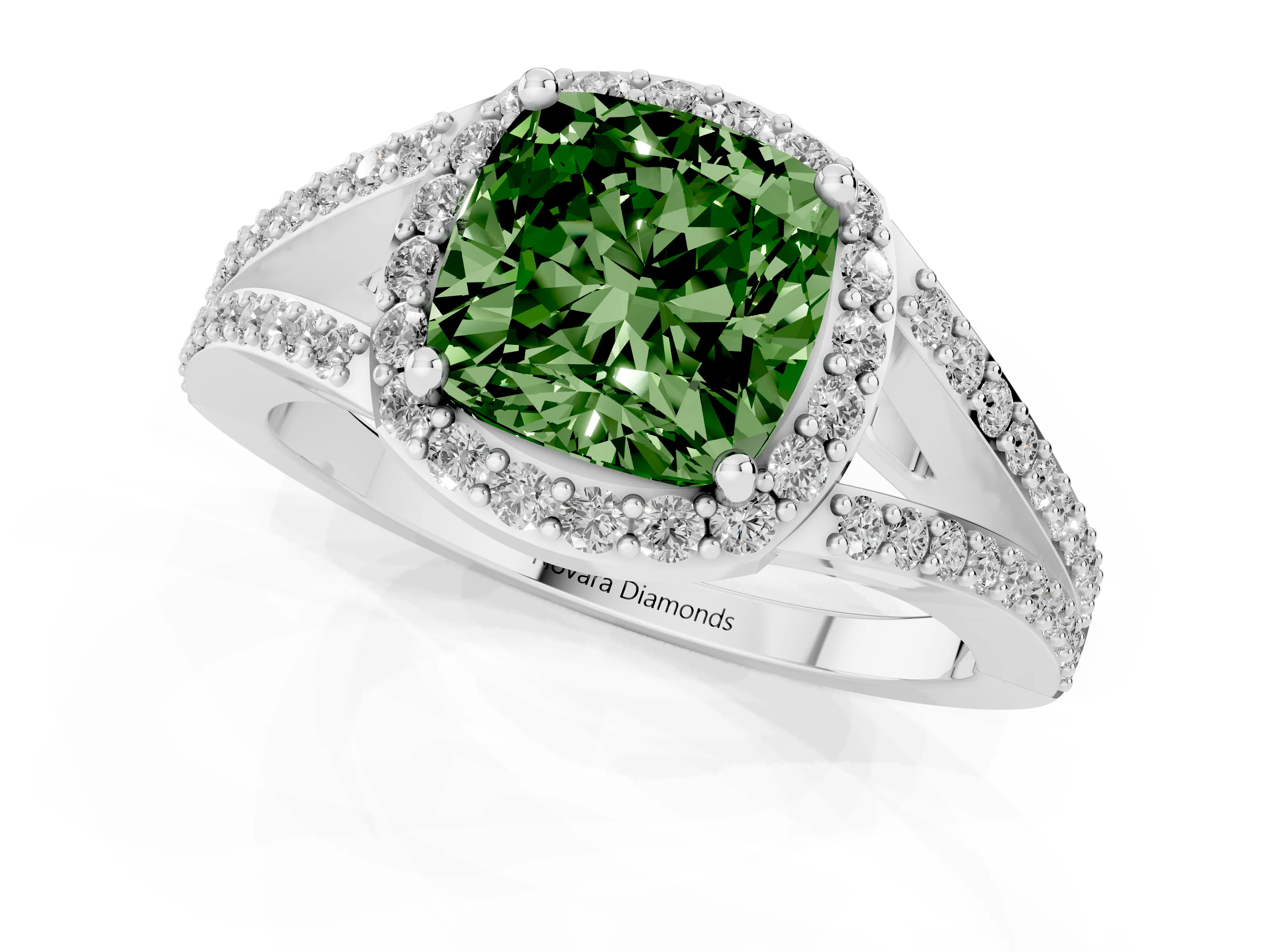 Fancy Green Cushion Cut Diamond Halo Split Shank Ring Set in White gold with Accent Stones and Prong Setting