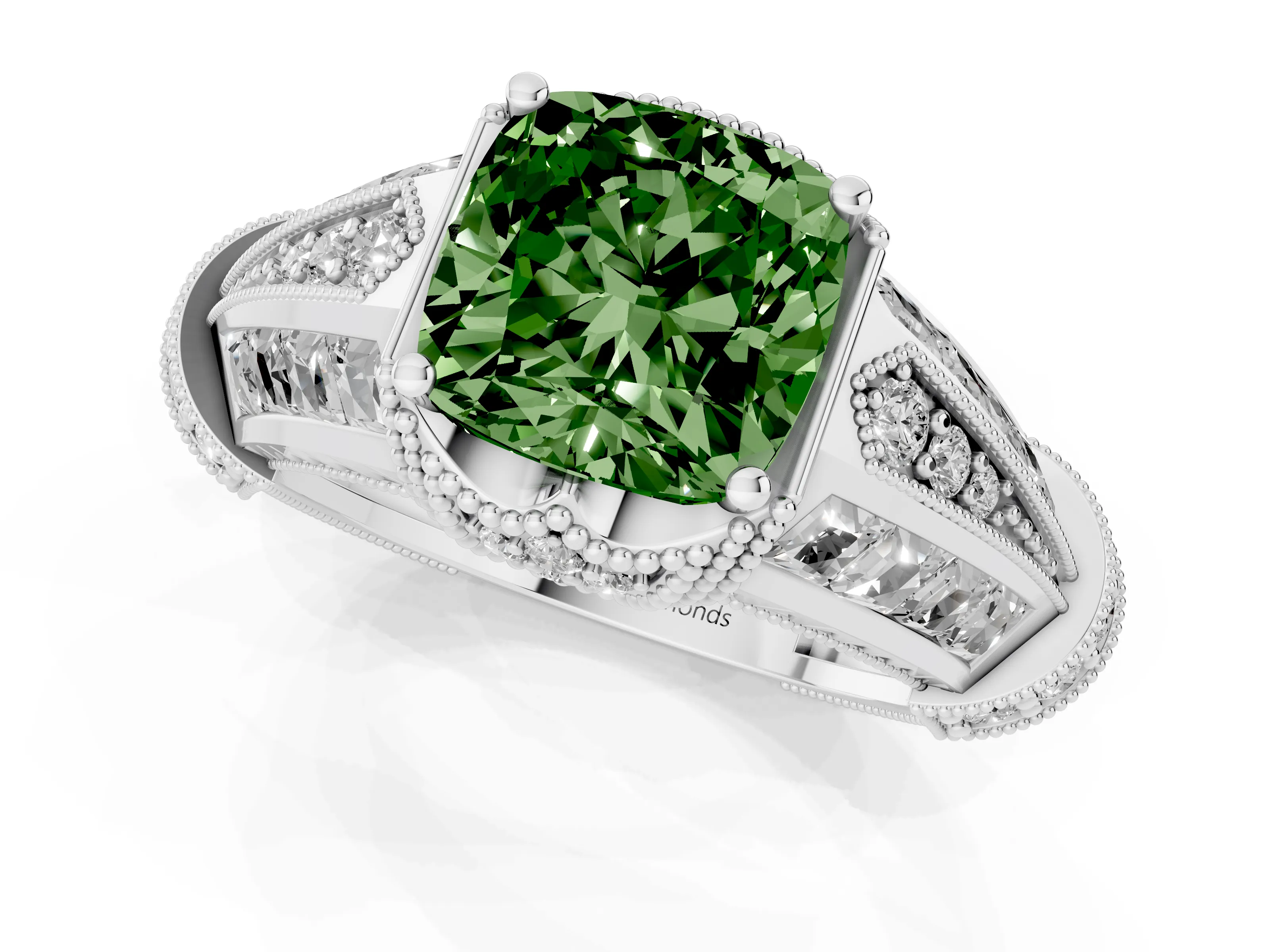 Fancy Green Cushion Cut Diamond Vintage-Inspired Milgrain Ring Set in Silver with Accent Split Shank