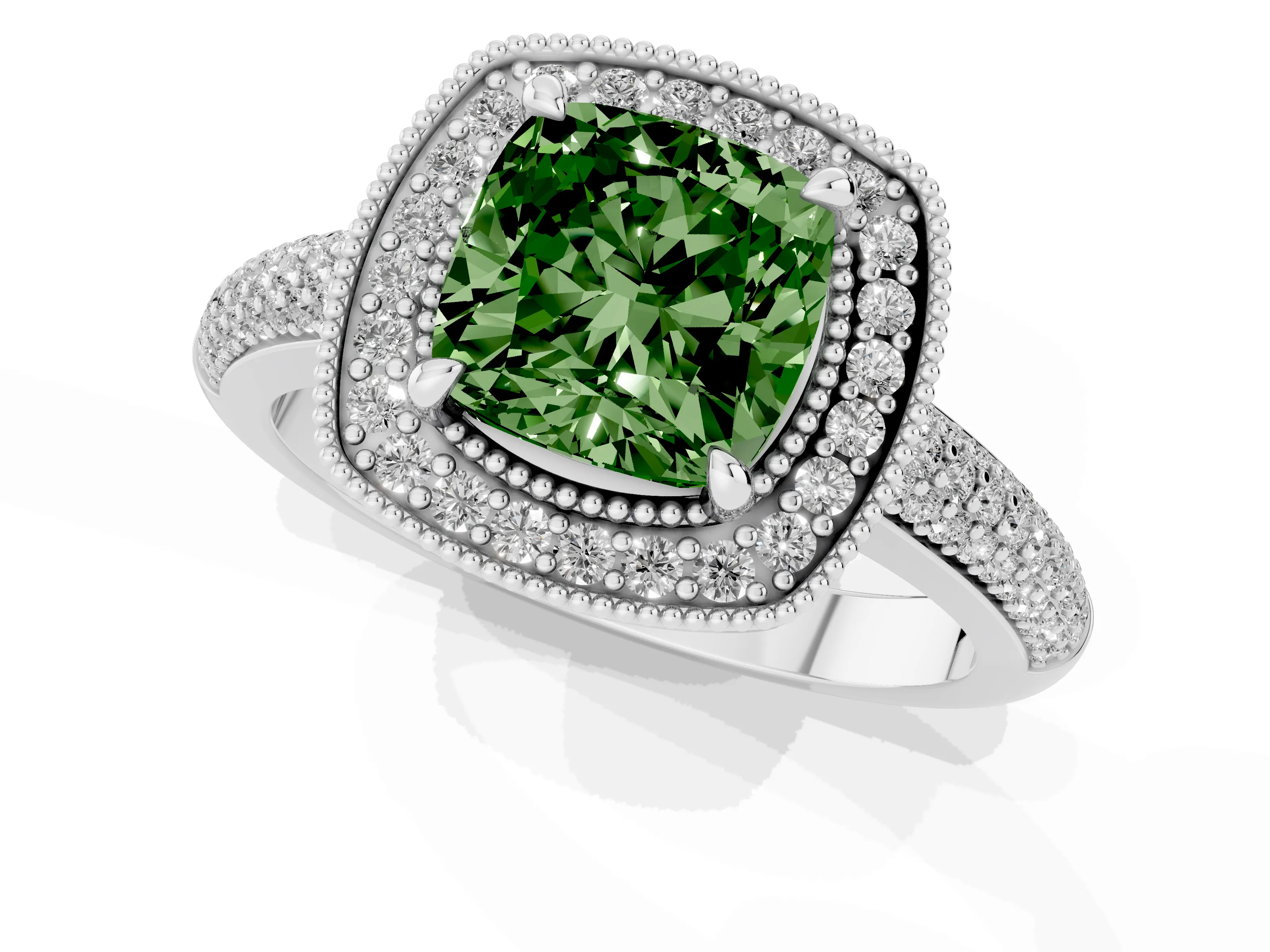 Fancy Green Cushion Cut Diamond Halo Pavé Band Set in Platinum with Prong Setting