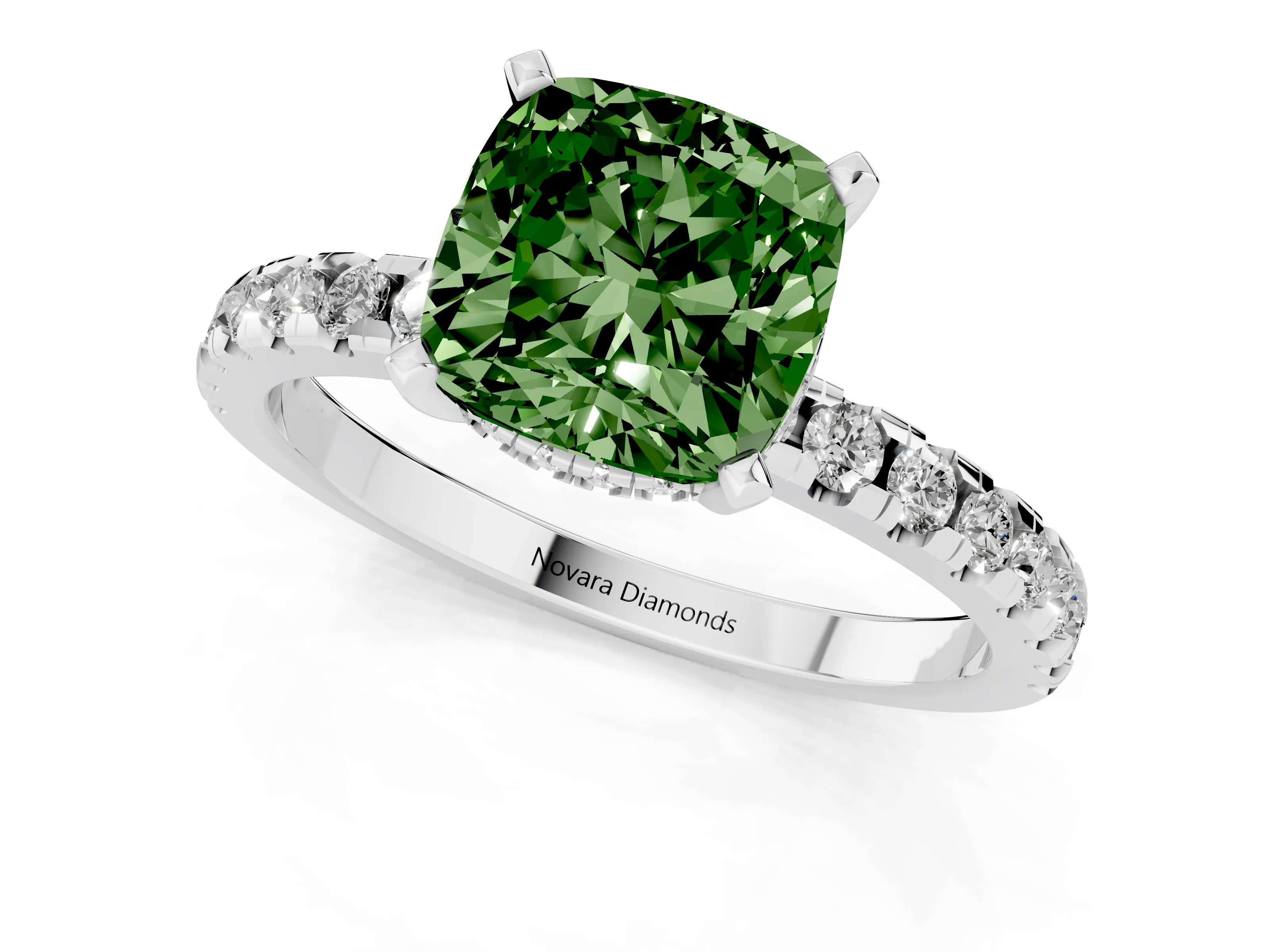 Fancy Green Cushion Cut Diamond Pavé Solitaire Ring Set in Platinum with Round Band Accents and Prong Setting – second view