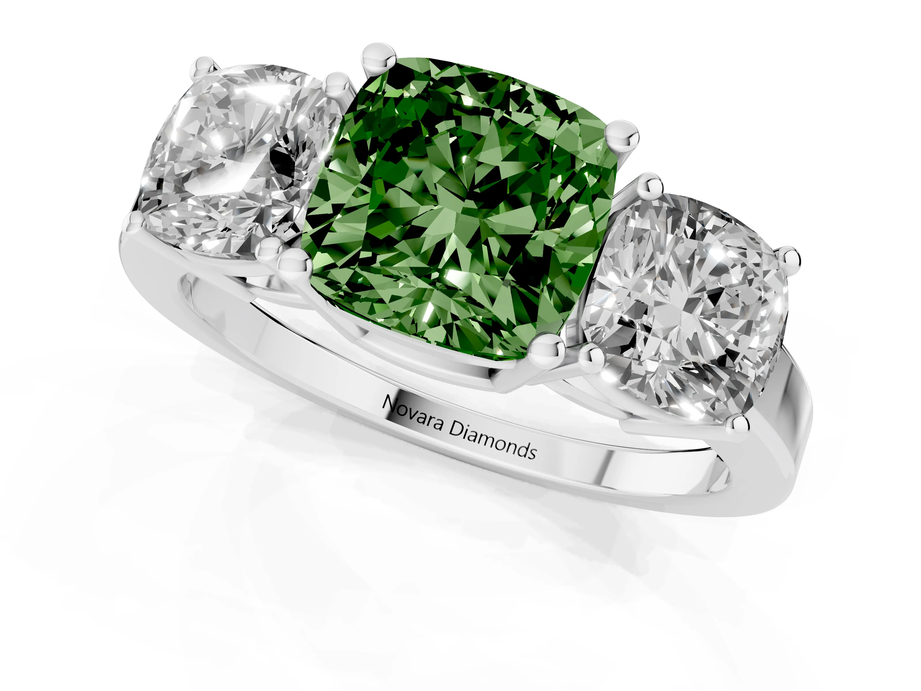 Fancy Green Cushion Cut Diamond Three-Stone Engagement Ring Set in Silver with Flat Band
