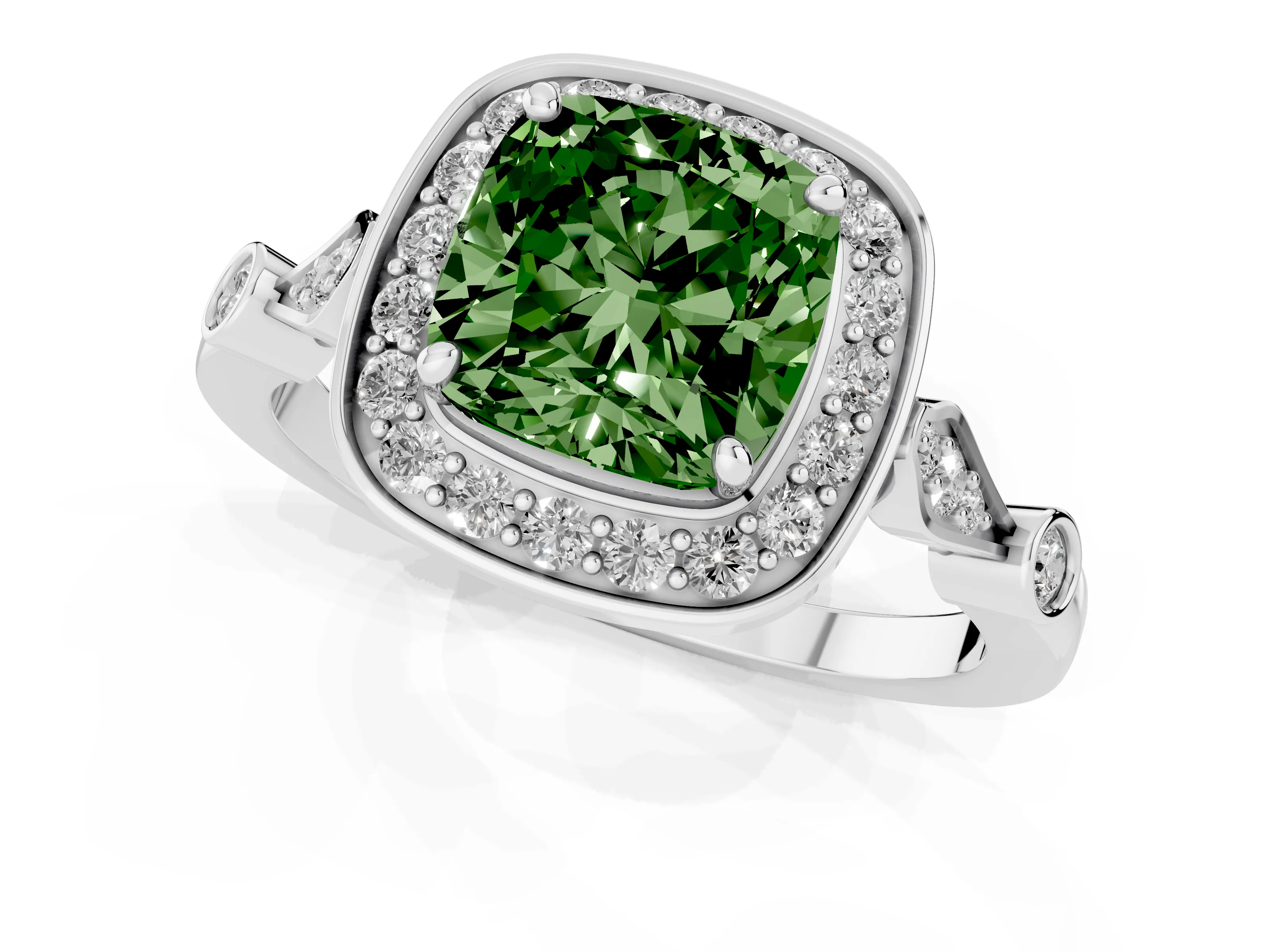 Fancy Green Cushion Cut Diamond Halo Engagement Ring Set in Silver with Twisted Band and Prong Setting