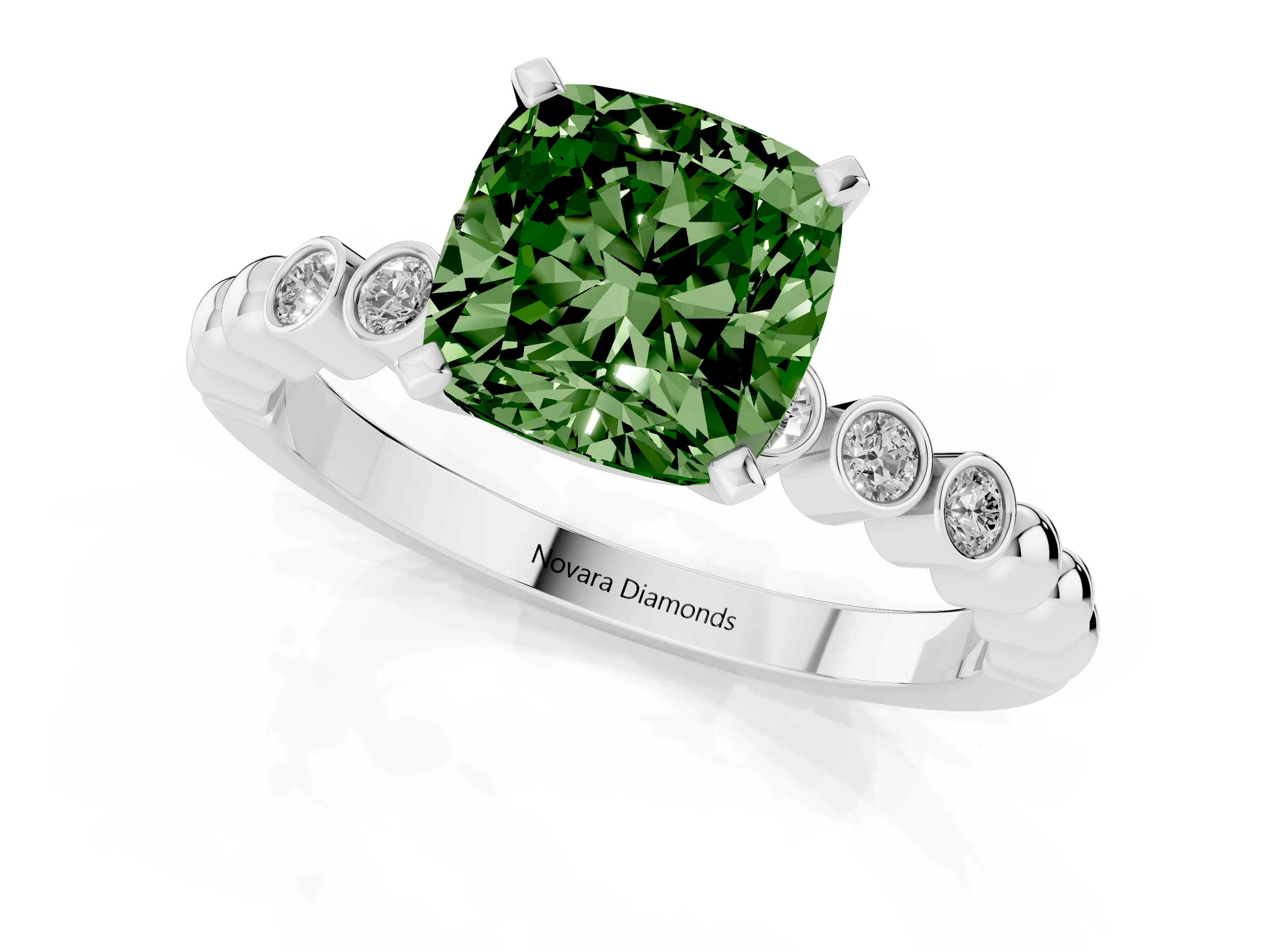 Fancy Green Cushion Cut Diamond Solitaire Engagement Ring Set in Platinum with Bezel Accents on Beaded Band