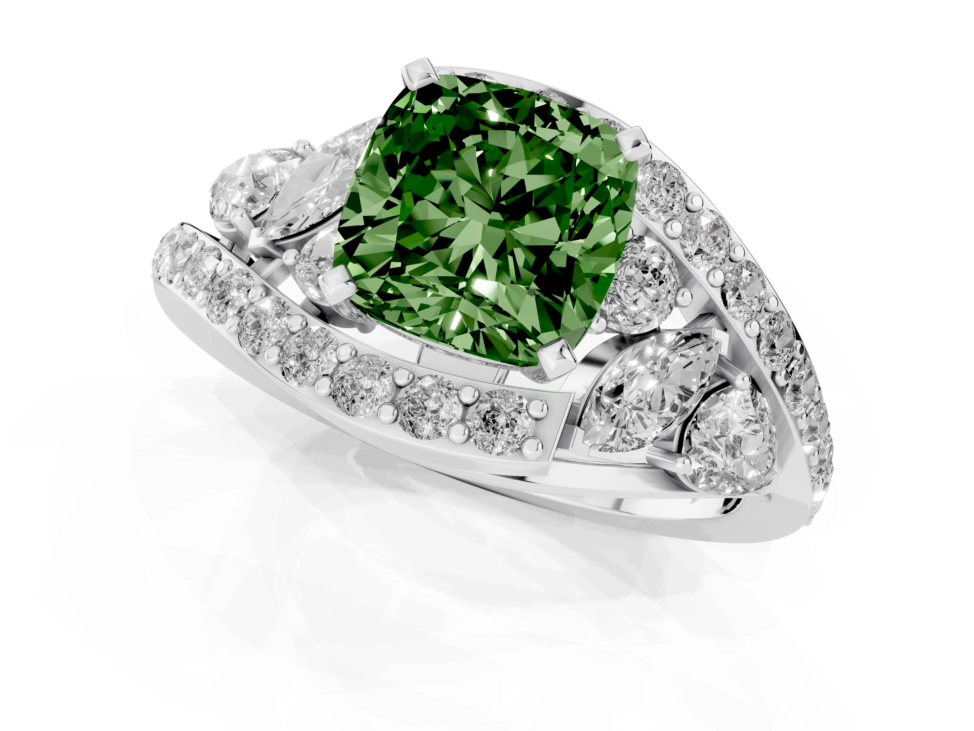 Fancy Green Cushion Cut Diamond Halo Ring Set in Silver with Marquise and Pavé Band in Prong Setting