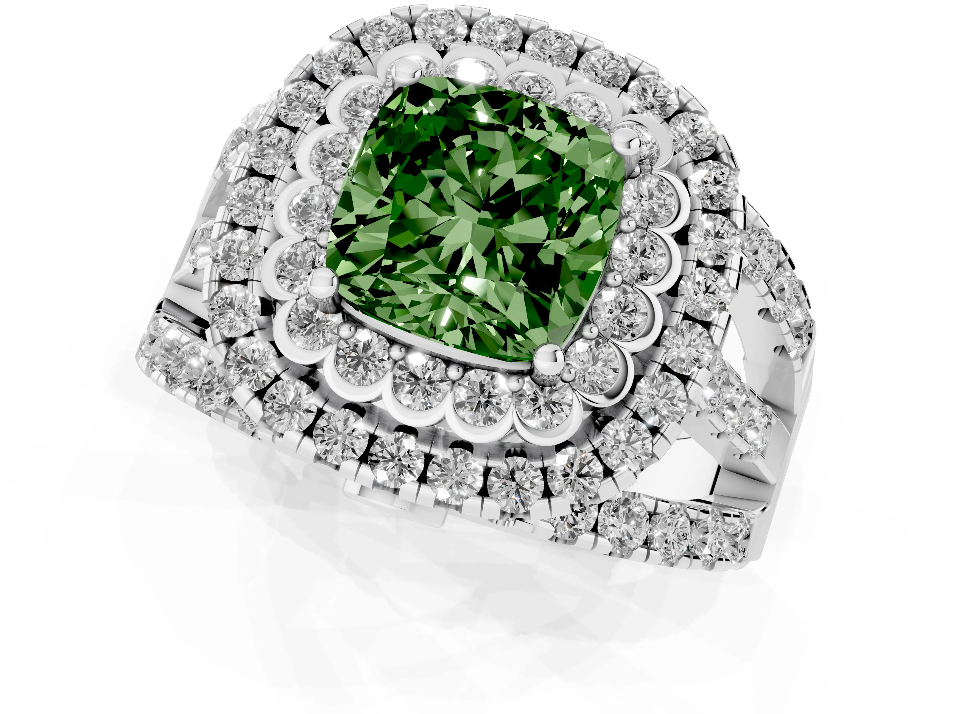 Fancy Green Cushion Cut Diamond Double Halo Ring Set in White gold with Round Pavé Split Shank – second view