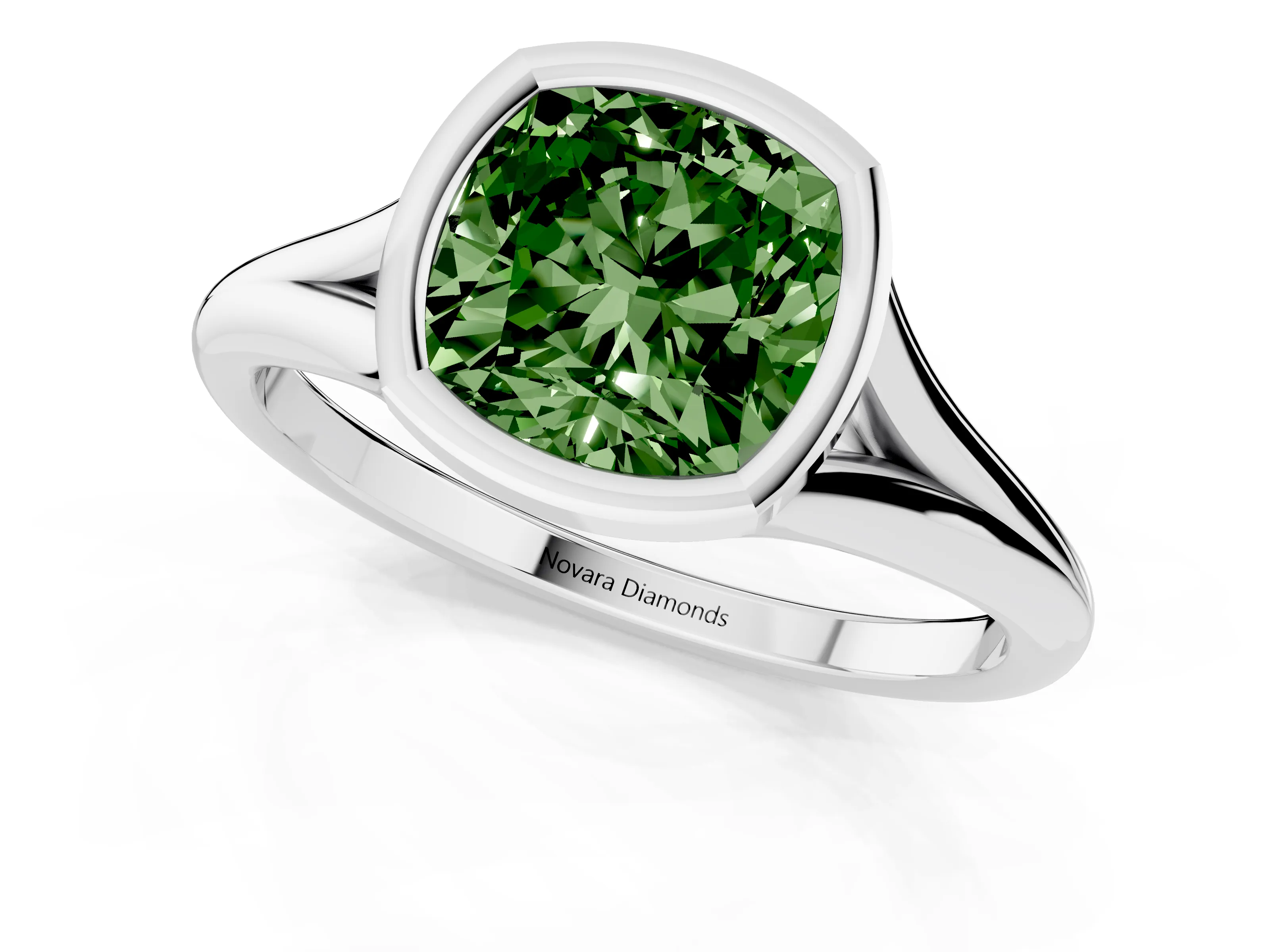 Fancy Green Bezel Set Cushion Cut Diamond Solitaire Ring Set in Platinum with Tapered Band