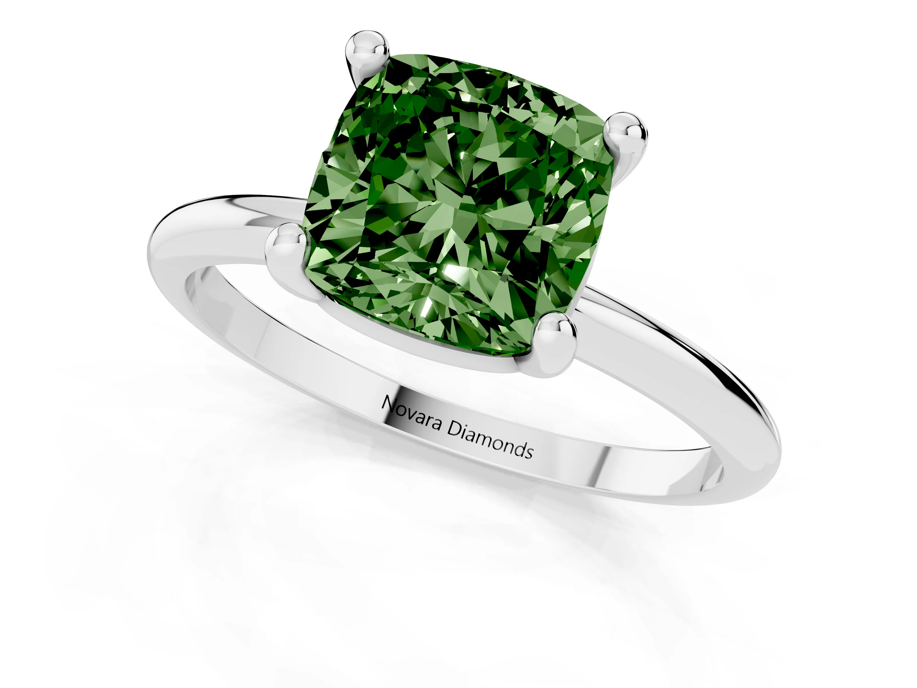 Fancy Green Cushion Cut Diamond Solitaire Ring Set in Platinum with Secure Prong Setting on a Classic Band