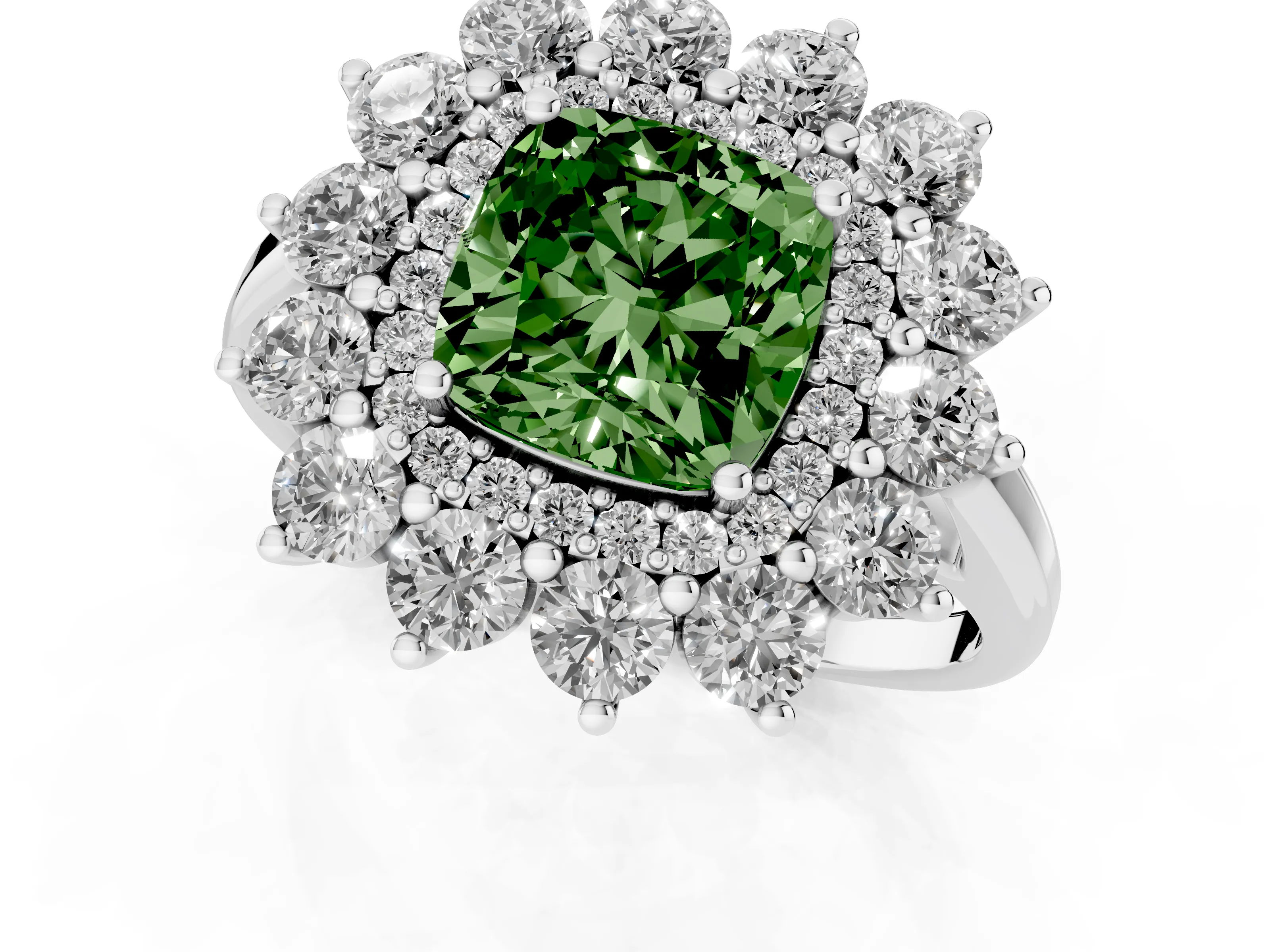 Fancy Green Cushion Cut Diamond Floral Double Halo Ring Set in White gold with Round Petals