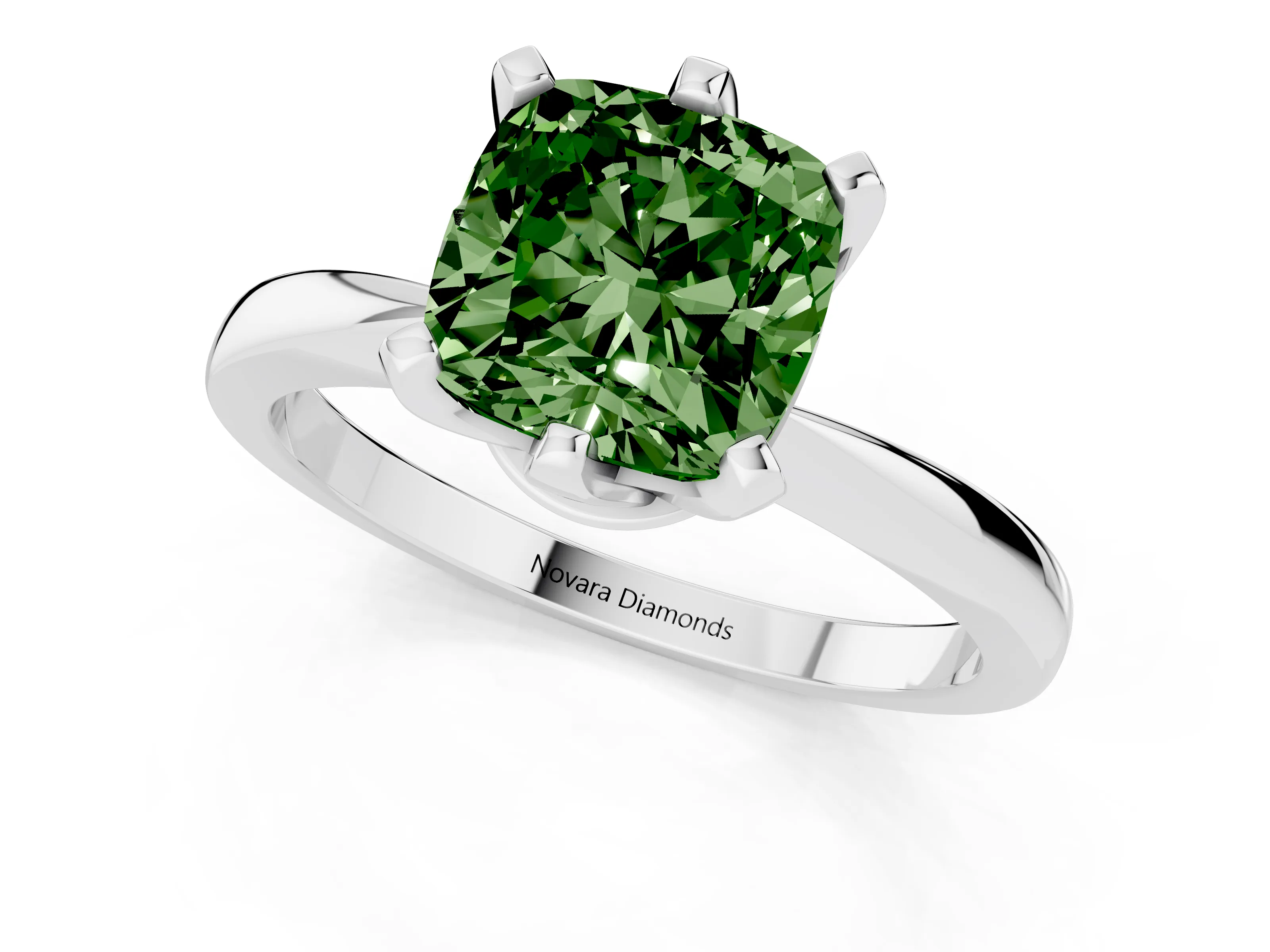 Fancy Green Cushion Cut Diamond Solitaire Engagement Ring Set in Platinum with Slim Tapered Solitaire Band