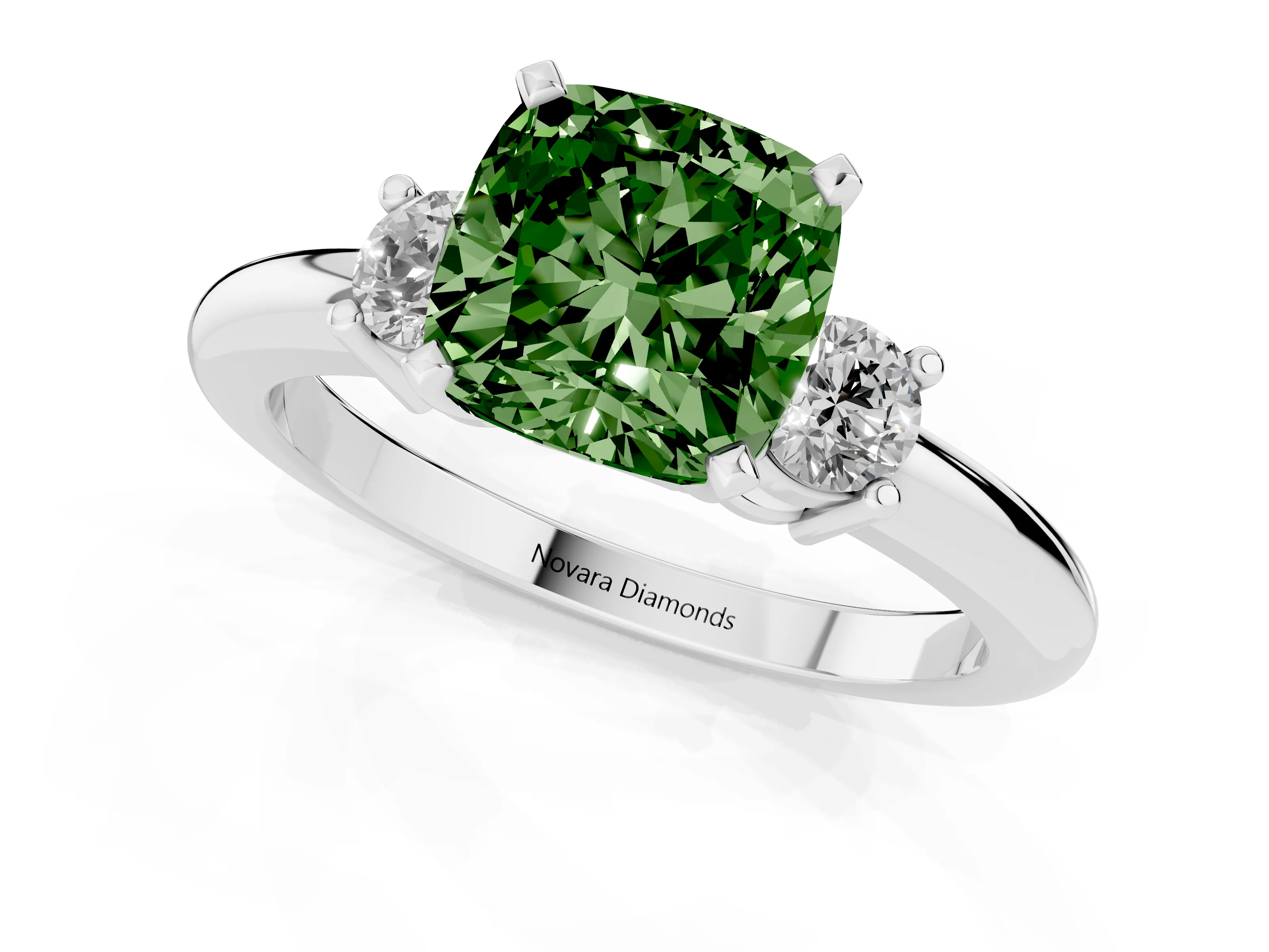Fancy Green Three-Stone Cushion Cut Diamond Ring Set in Silver with Prong Setting and Plain Band