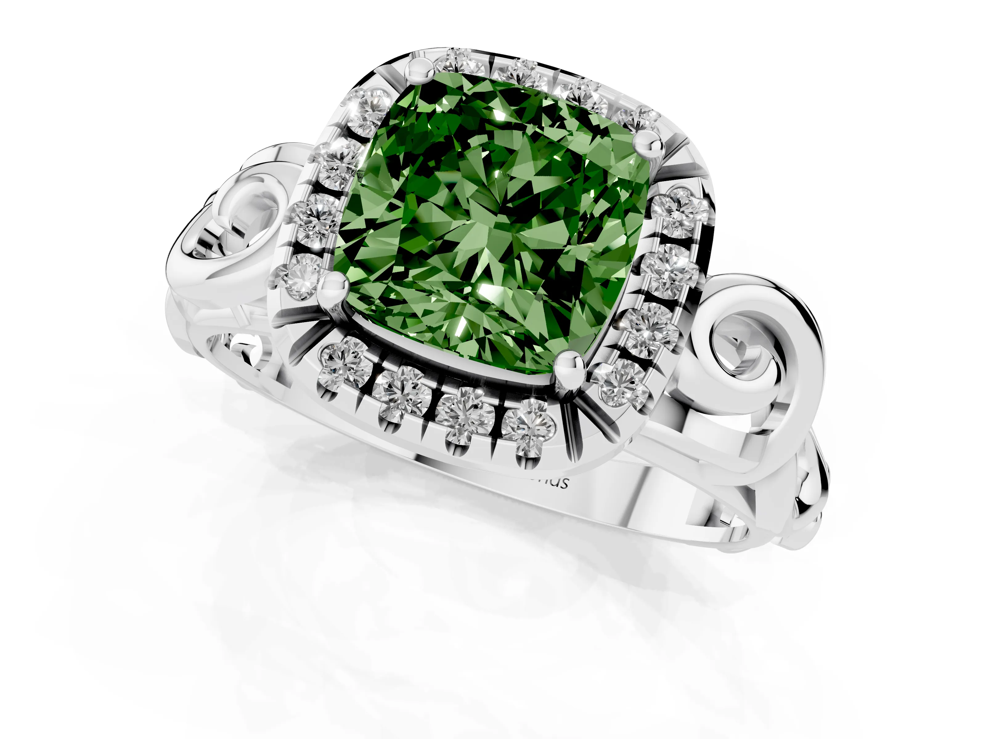 Fancy Green Cushion Cut Diamond Halo Ring Set in Platinum with Scrollwork Band and Prong Setting