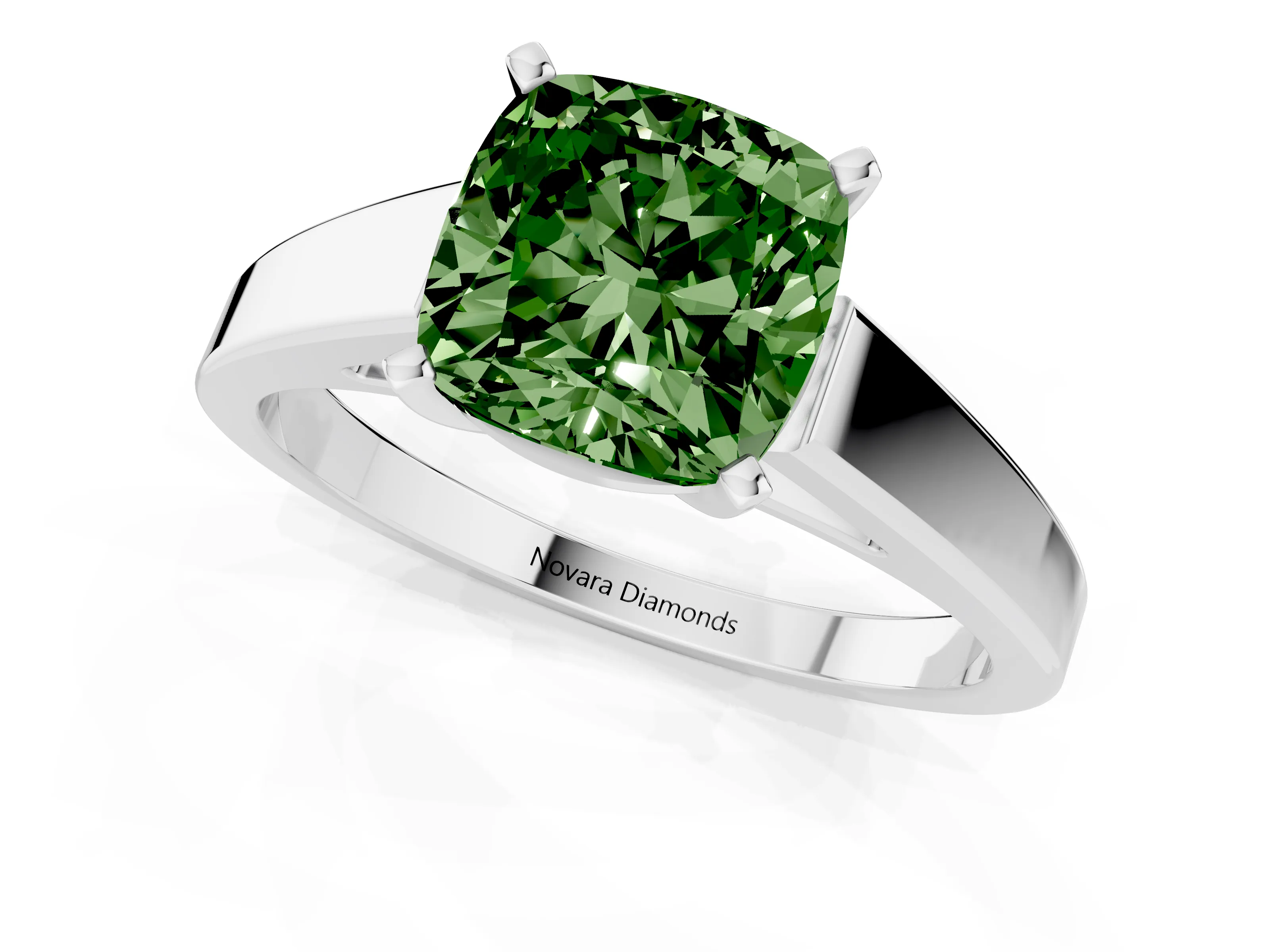 Fancy Green Cushion Cut Diamond Solitaire Engagement Ring Set in White gold with Prong Setting and Tapered Band