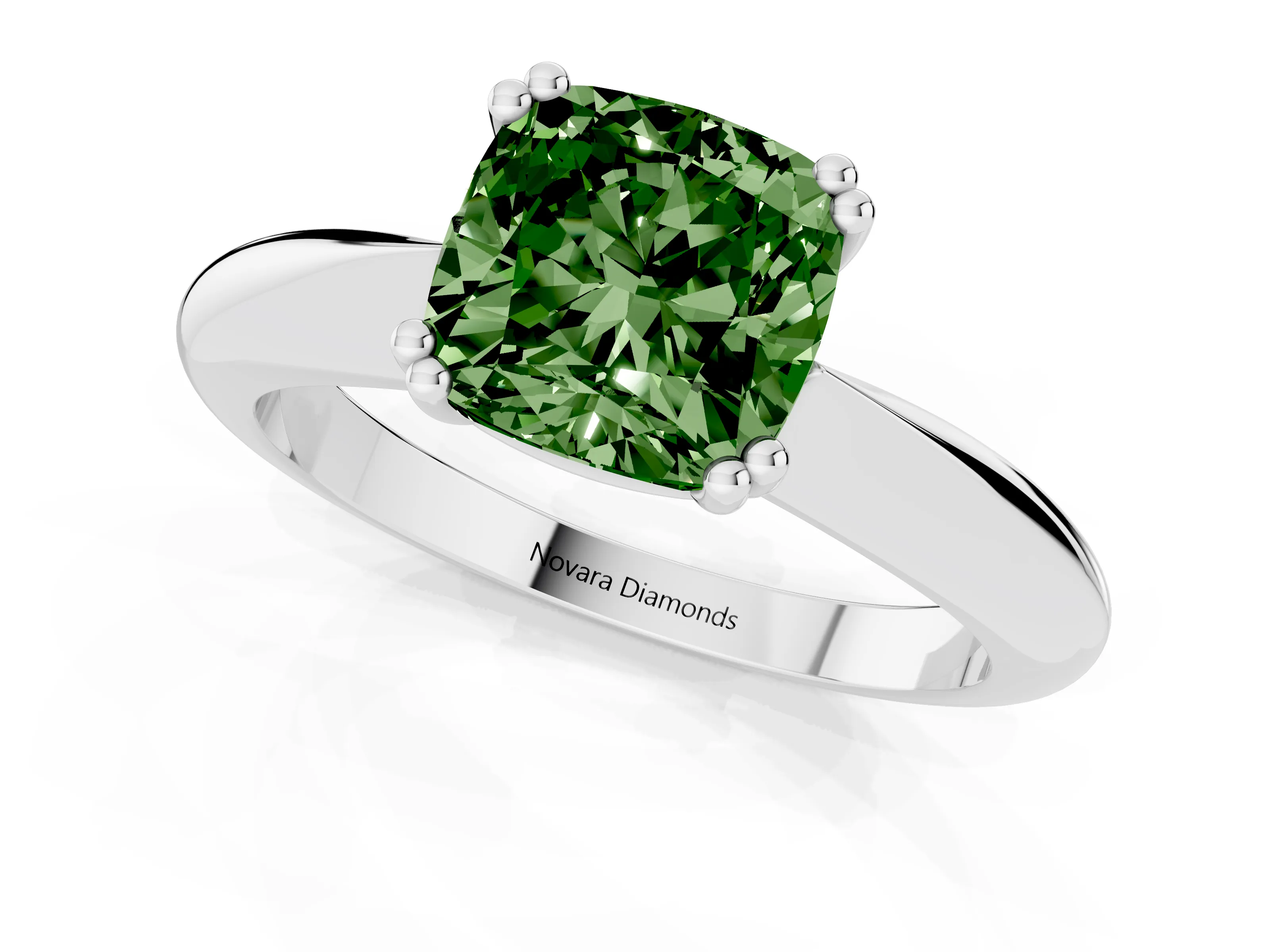 Fancy Green Cushion Cut Diamond Solitaire Engagement Ring Set in White gold with Tapered Band and Prong Setting