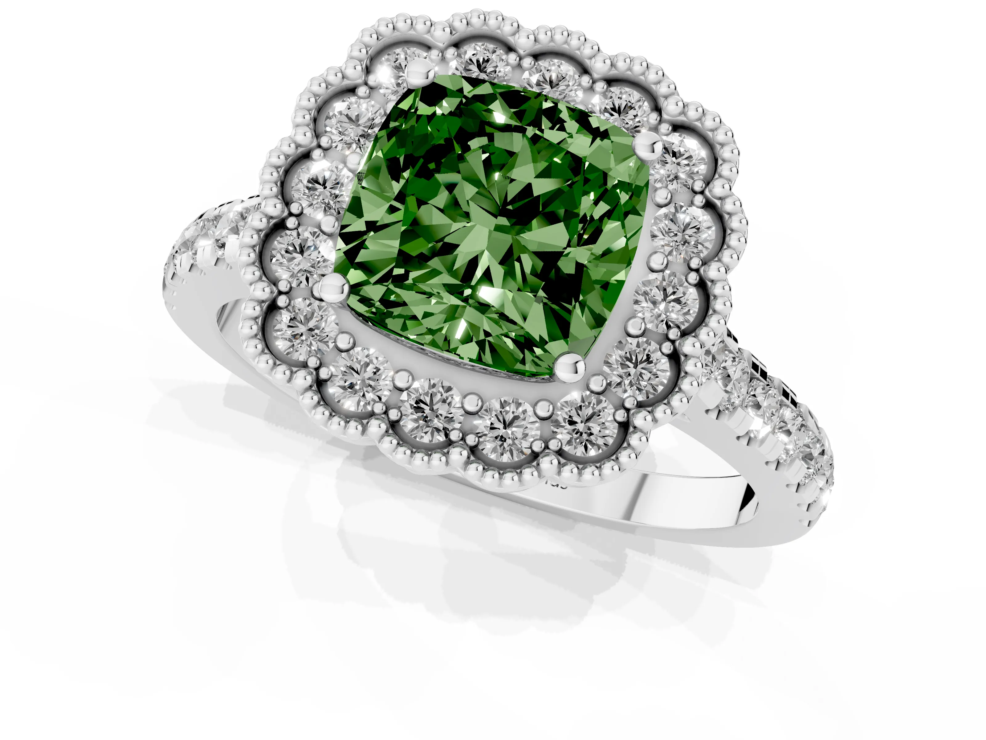 Fancy Green Cushion Cut Diamond Milgrain Floral Halo Engagement Ring Set in White gold with Pavé Band