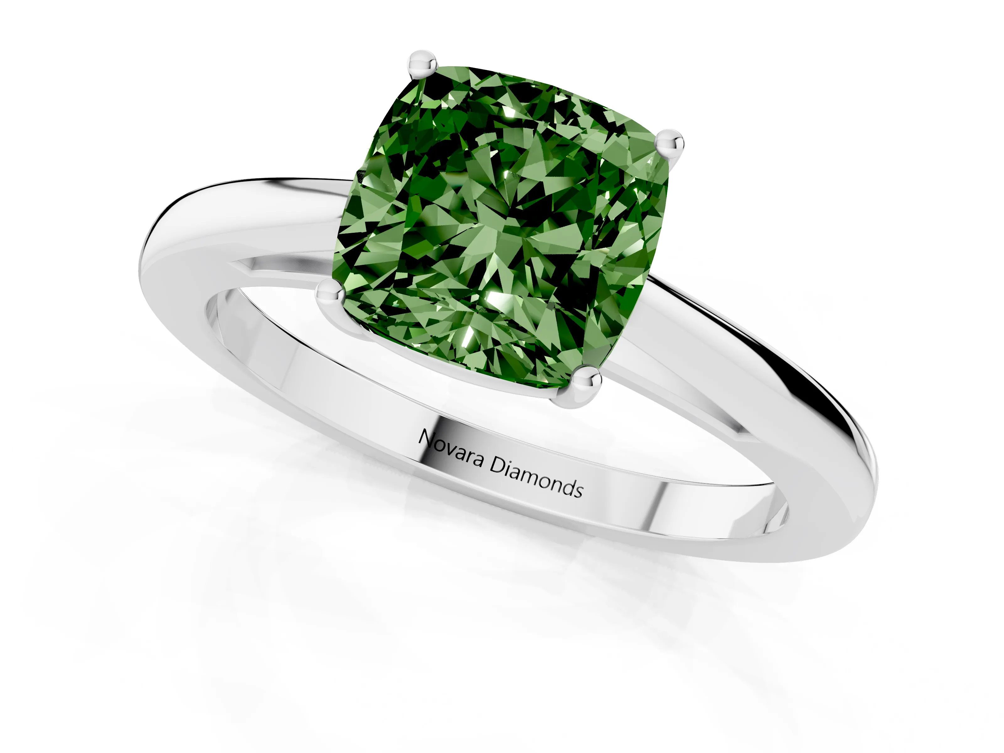 Fancy Green Cushion Cut Diamond Solitaire Ring Set in Silver with Split Shank and Prong Setting