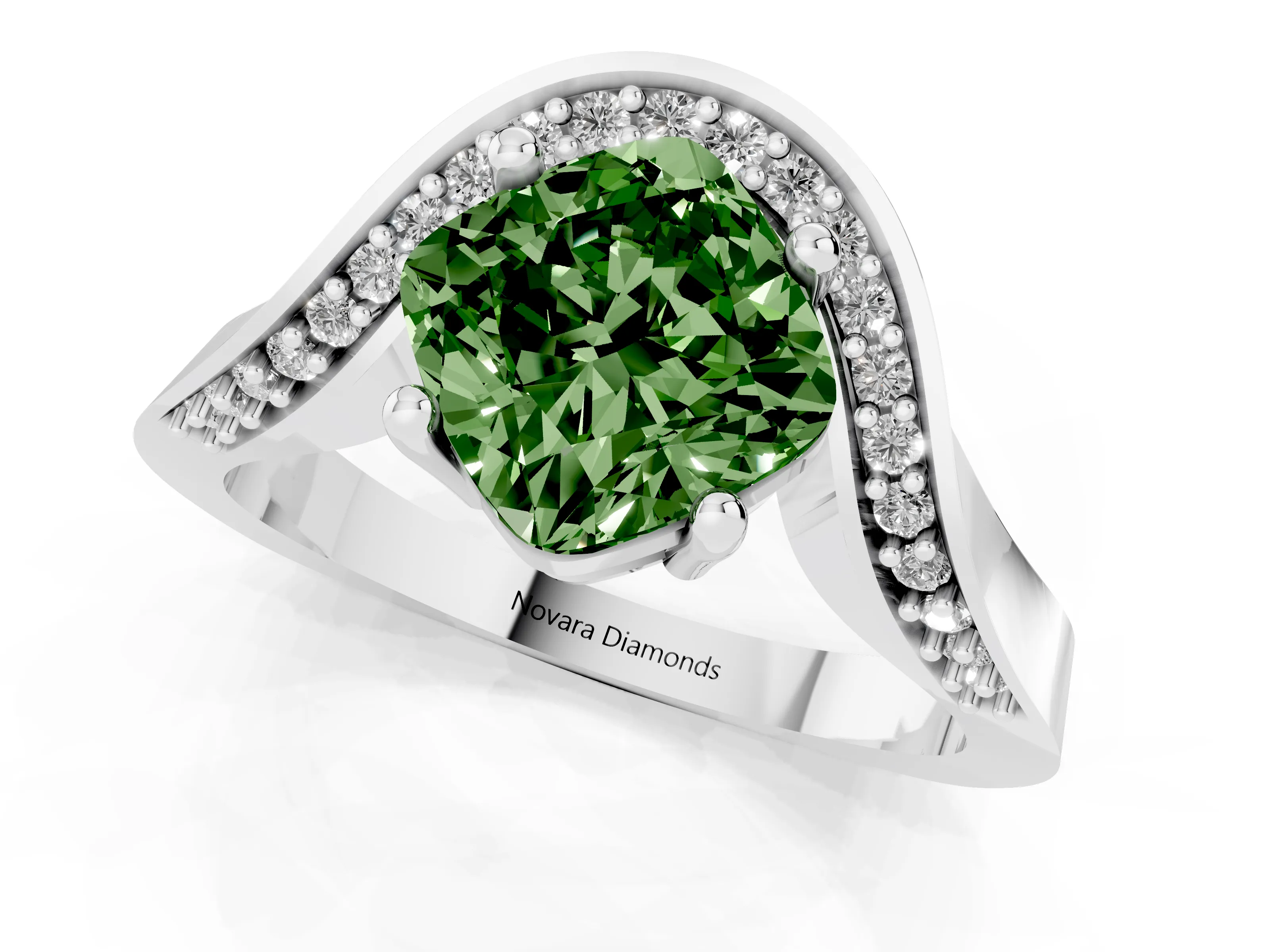 Fancy Green Cushion Cut Diamond Solitaire Engagement Ring Set in White gold with Pavé Shoulders