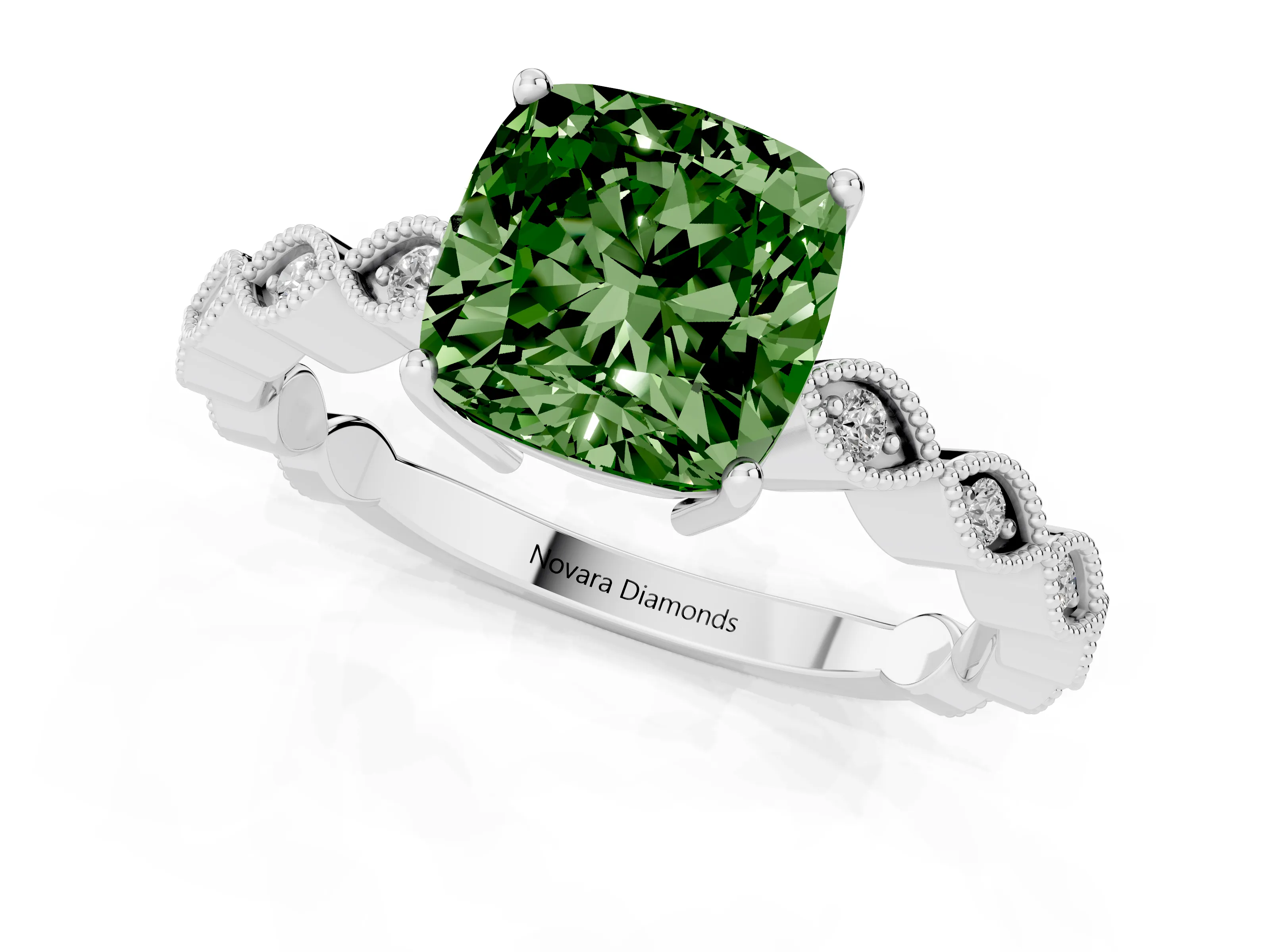 Fancy Green Cushion Cut Diamond Solitaire Ring Set in White gold with Infinity Twist Pavé Band