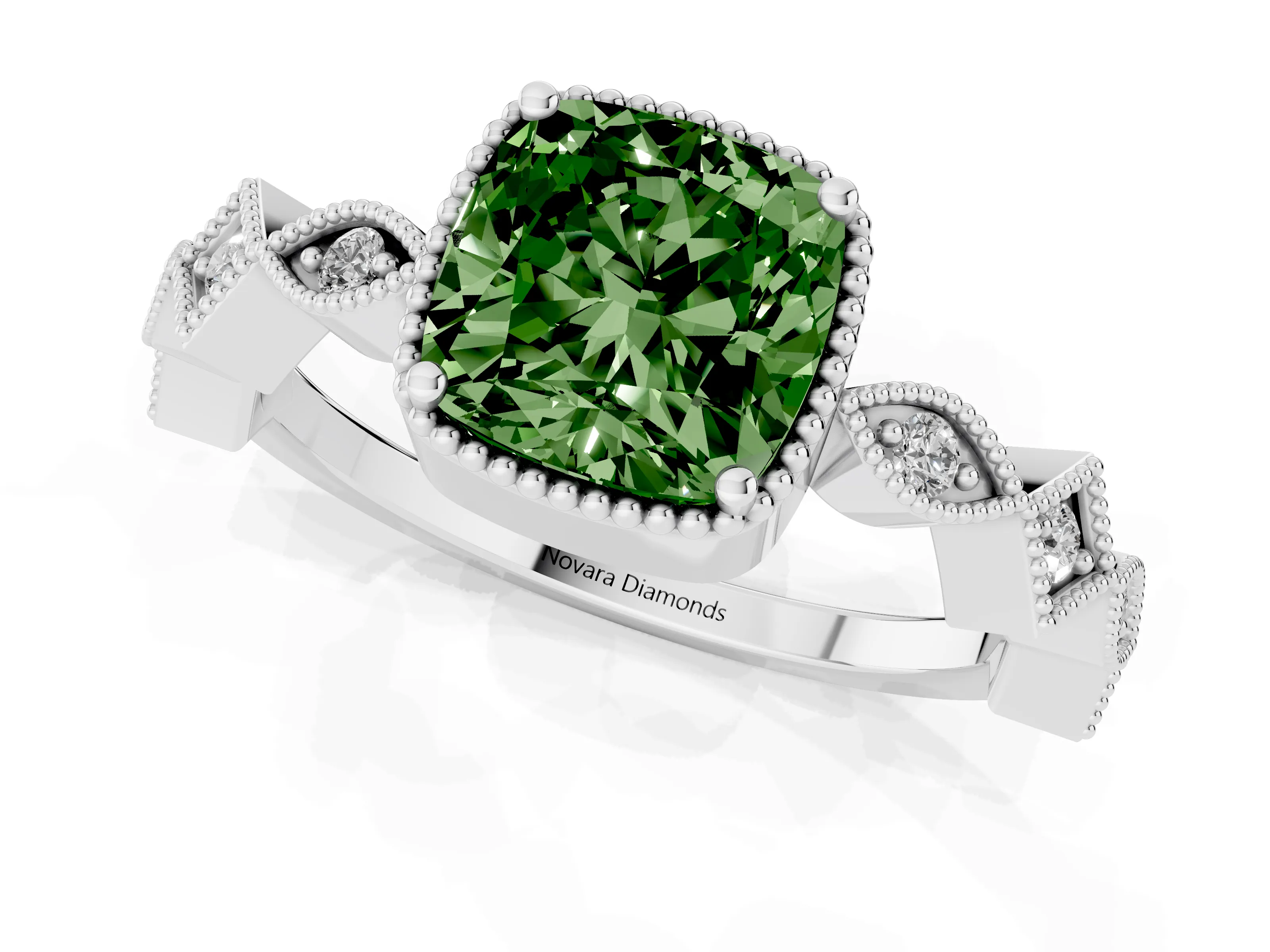 Fancy Green Cushion Cut Diamond Milgrain Marquise Twist Band Ring Set in White gold with Prong Setting