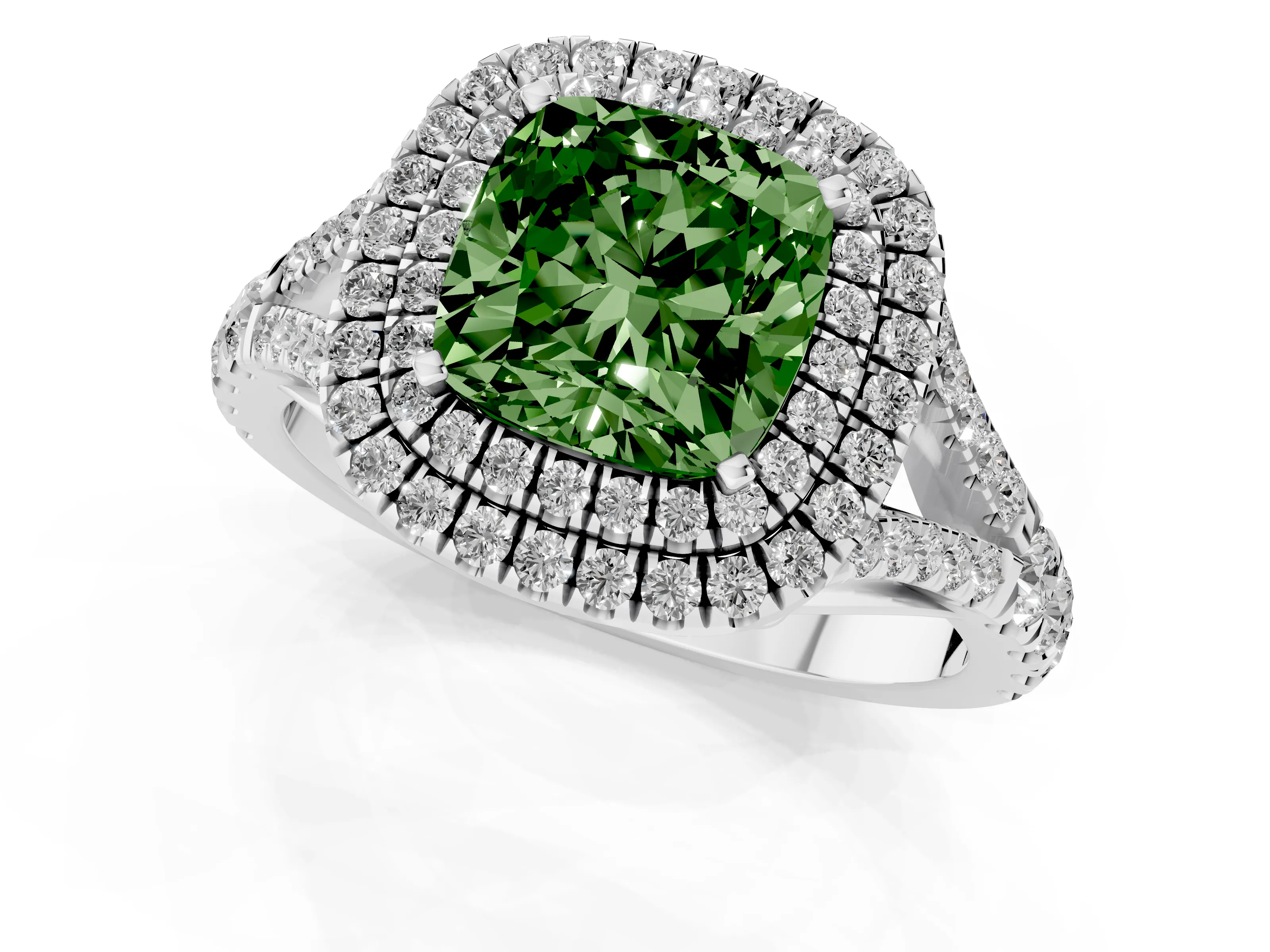Fancy Green Cushion Cut Diamond Pavé Split Shank Double Halo Engagement Ring Set in Silver