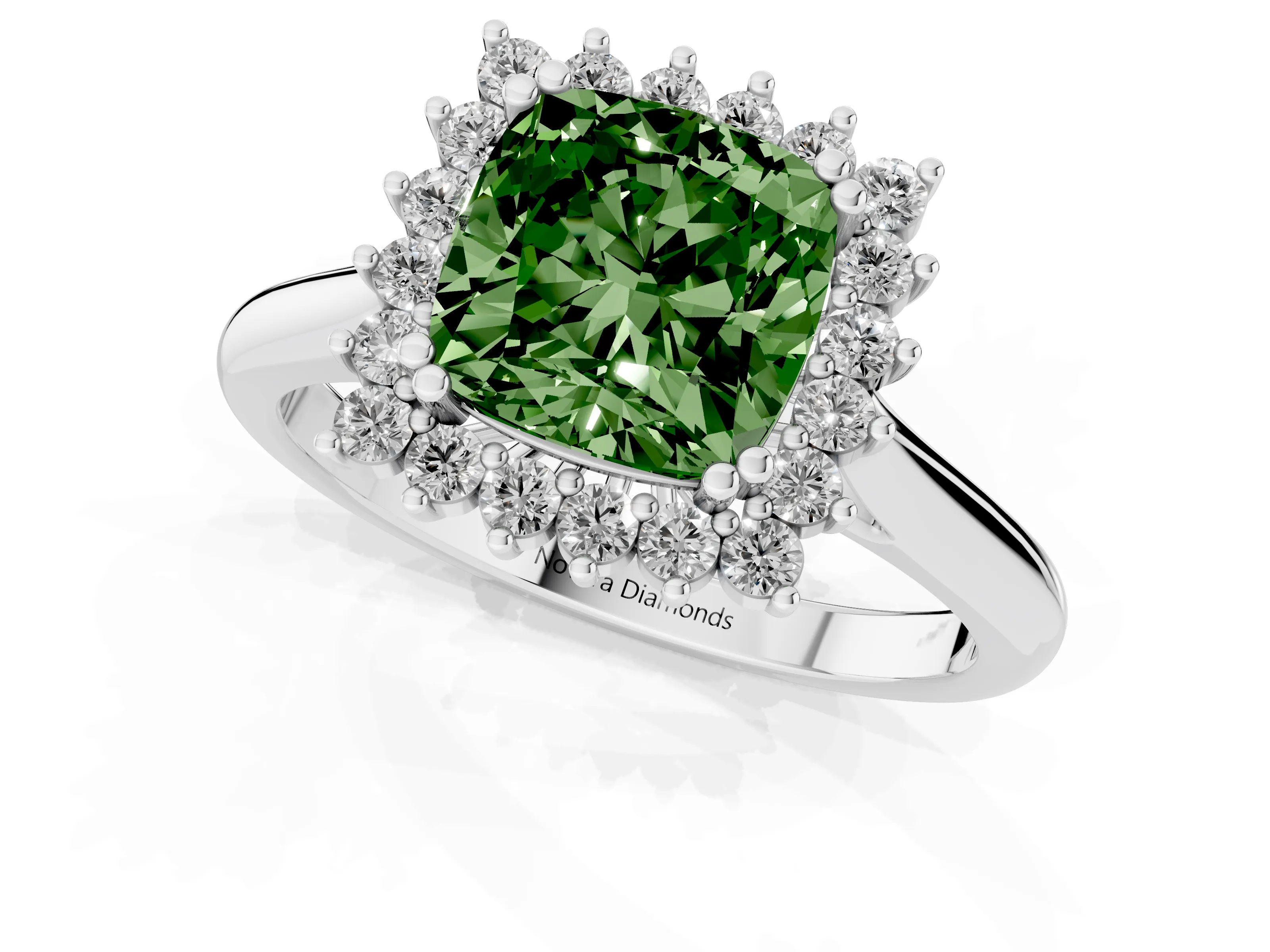 Fancy Green Cushion Cut Diamond Halo Ring Set in Platinum with Plain Solitaire Band and Prong Setting