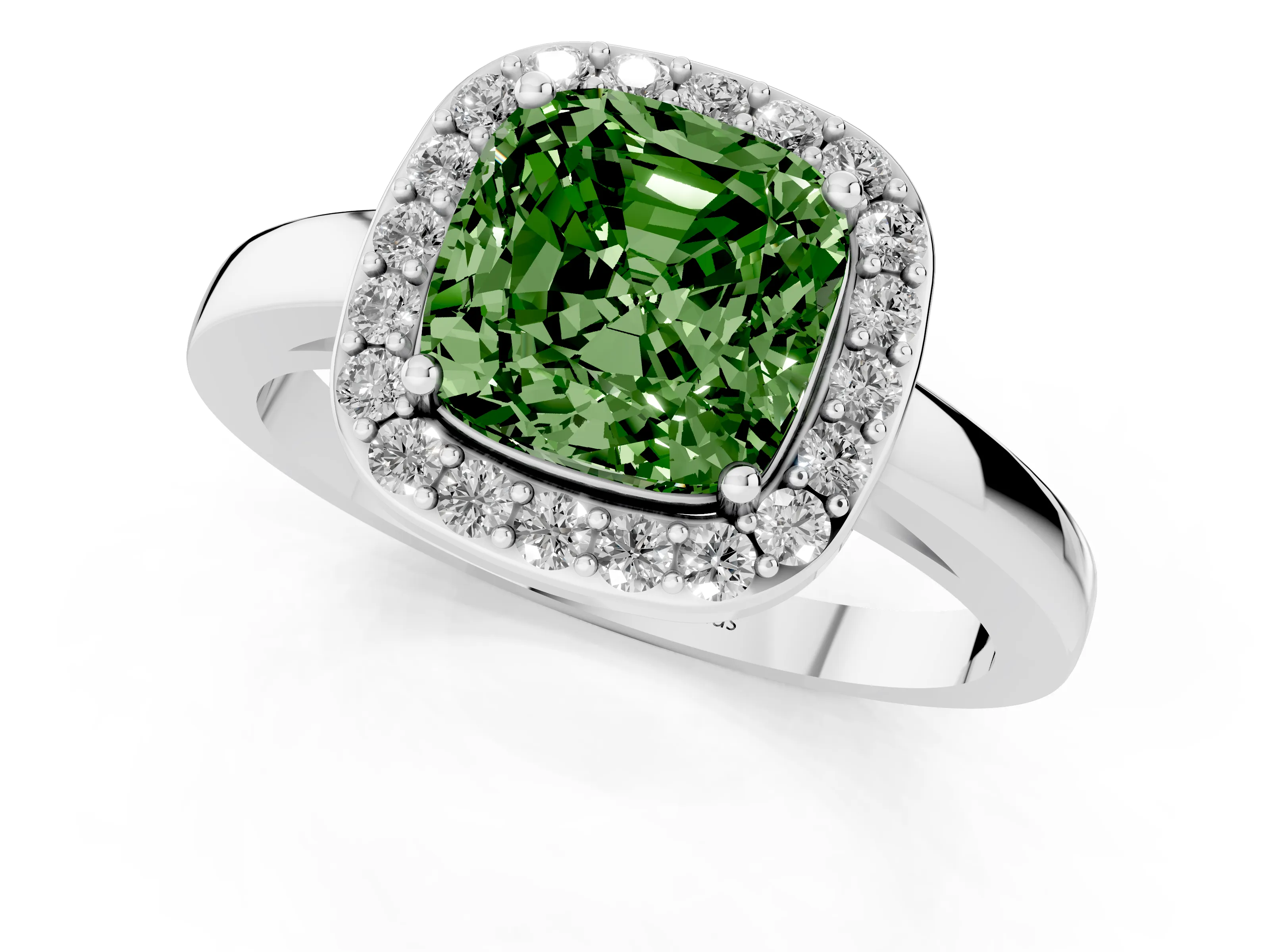 Fancy Green Cushion Cut Diamond Halo Ring Set in Platinum with Solitaire Band and Prong Setting