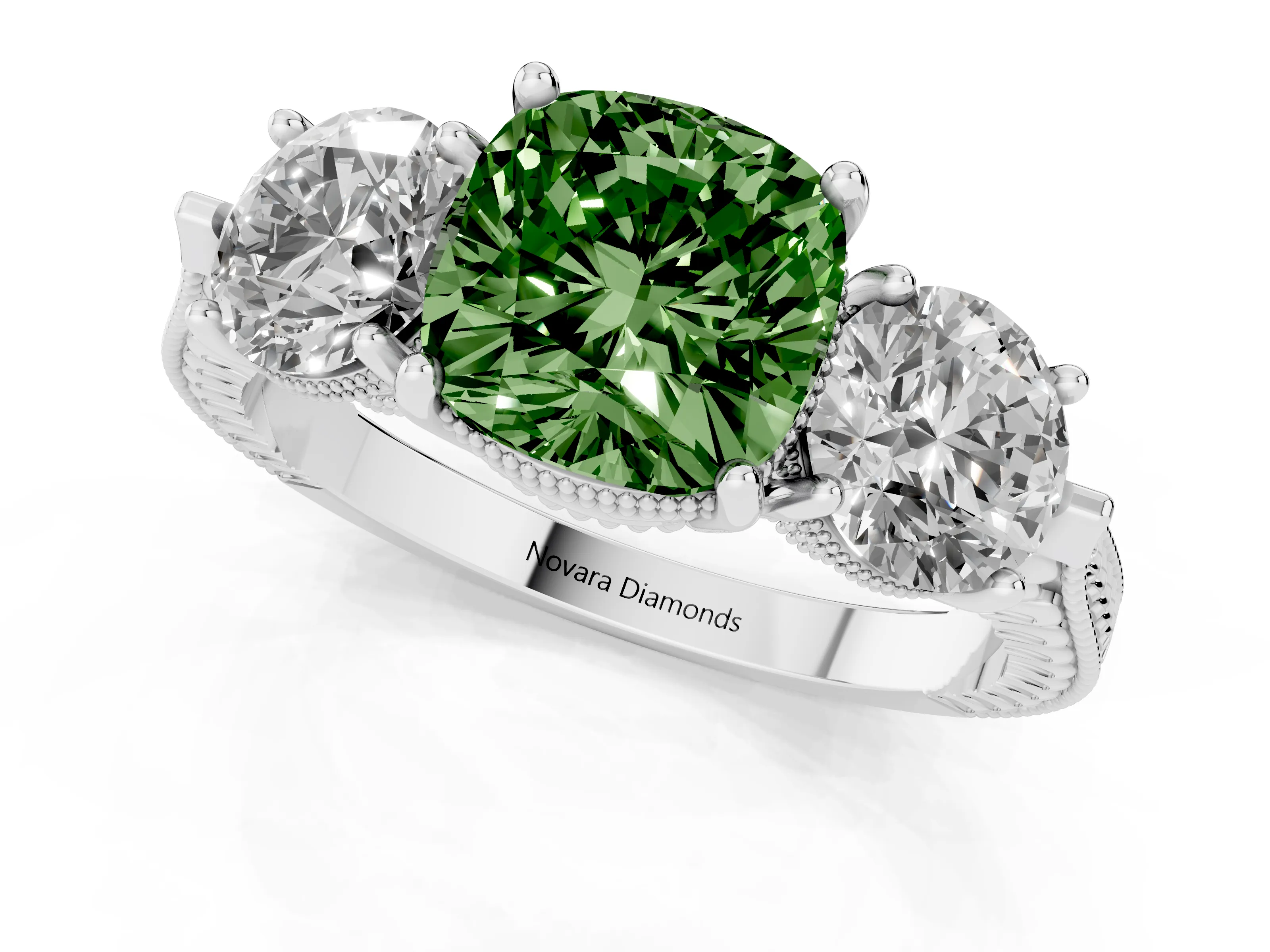 Fancy Green Cushion Cut Diamond Three-Stone Ring Set in White gold with Milgrain Band