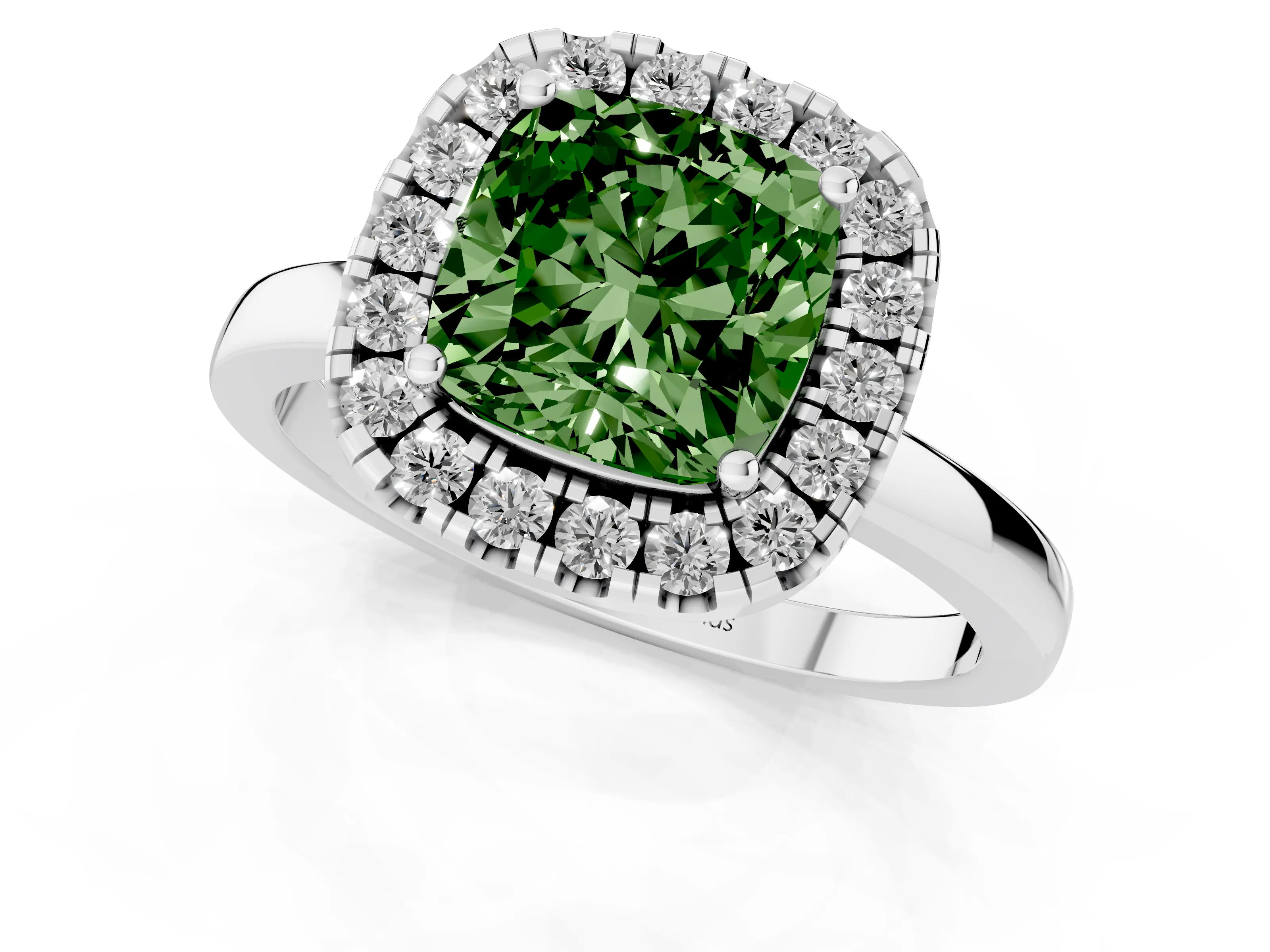 Fancy Green Cushion Cut Diamond Halo Solitaire Ring Set in Silver with Pavé Band and Prong Setting