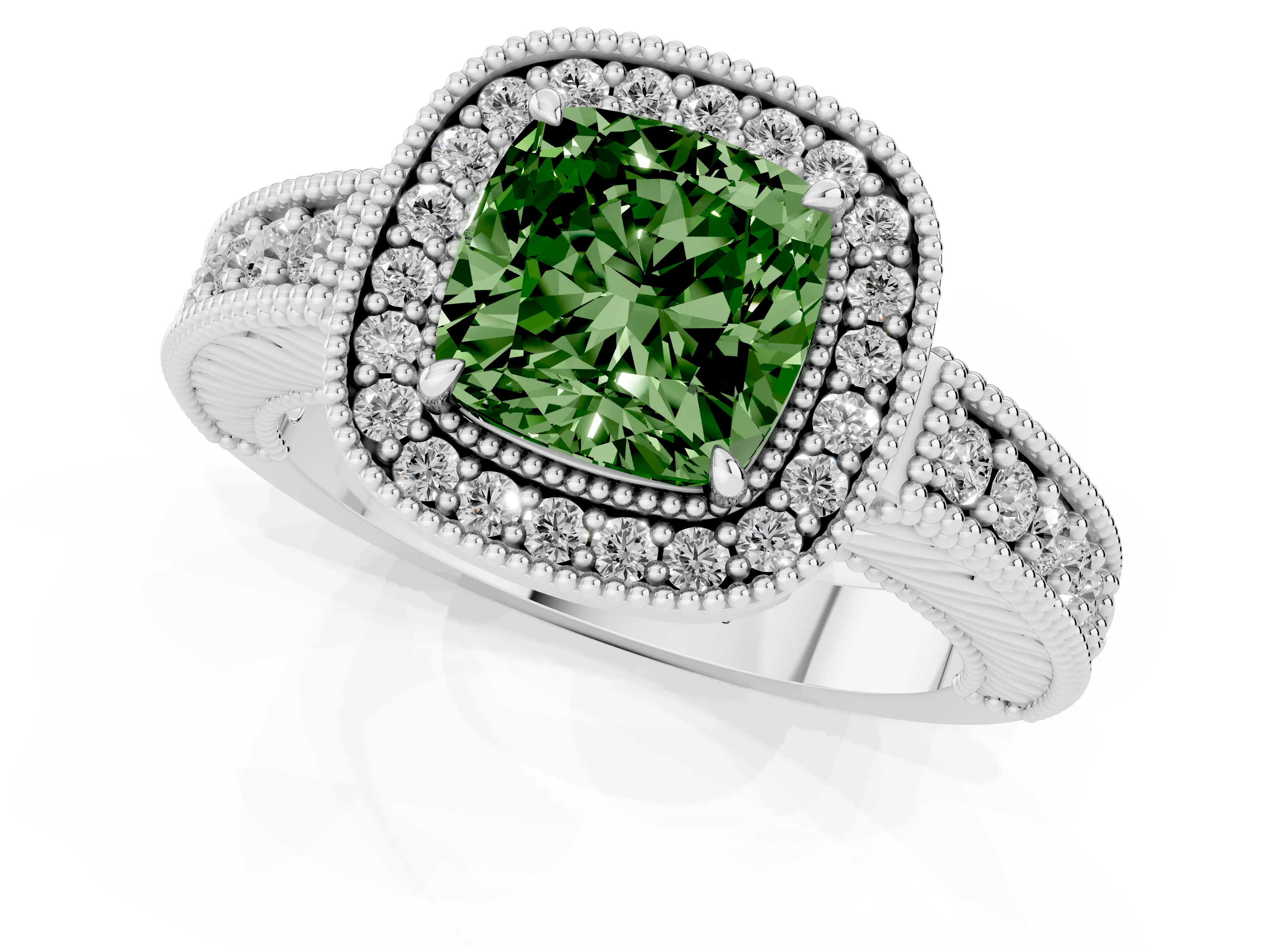 Fancy Green Cushion Cut Diamond Halo Ring Set in White gold with Round Accent Halo, Pavé Band and Prong Setting