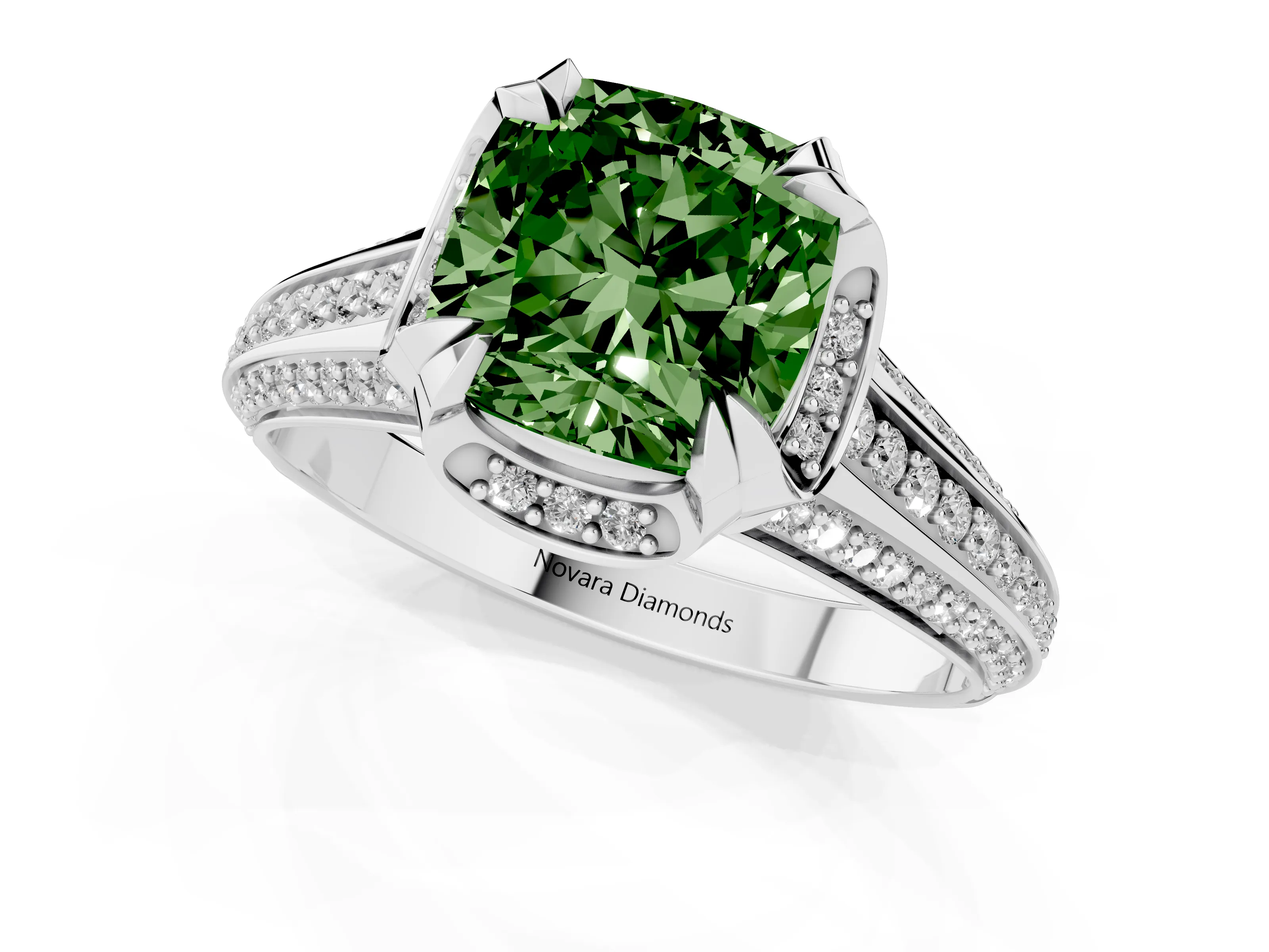 Fancy Green Cushion Cut Diamond Pavé Split Shank Solitaire Ring Set in Platinum with Prong Setting