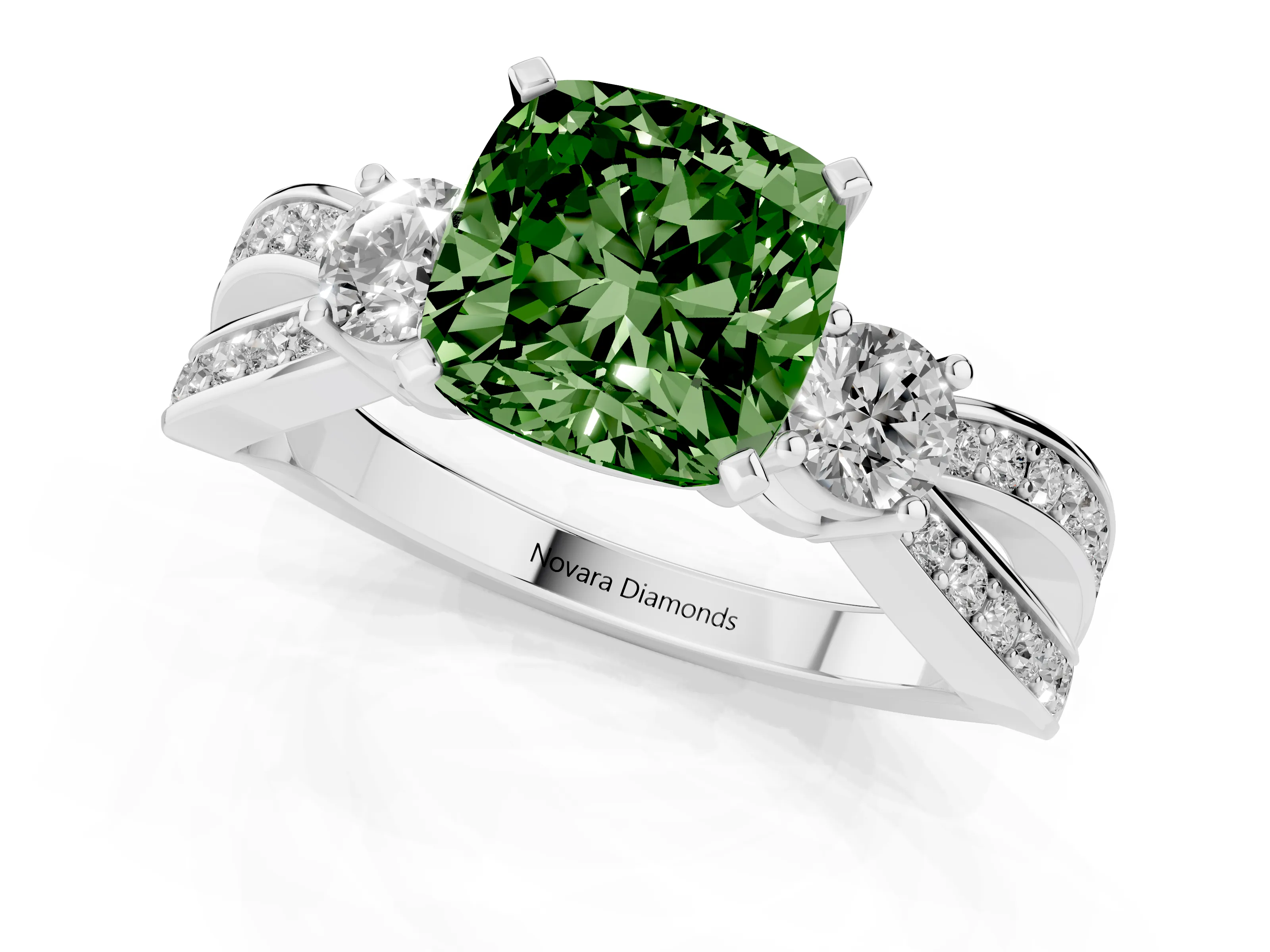 Fancy Green Three-Stone Cushion Cut Diamond Twist Band Ring Set in Silver with Pavé Accents and Prong Setting