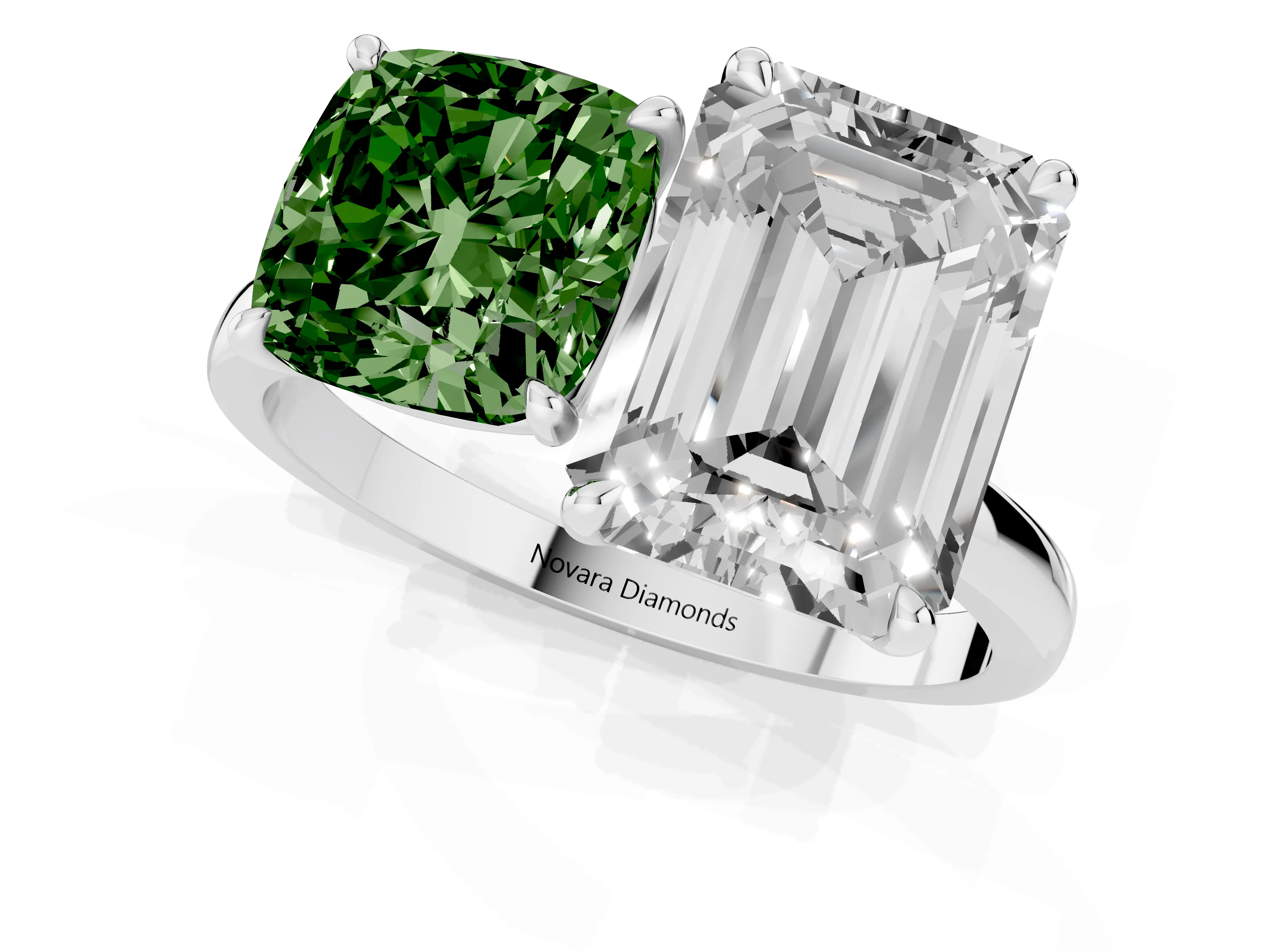 Fancy Green Cushion Cut and Emerald Cut Toi Moi Ring Set in Platinum with Prong Setting