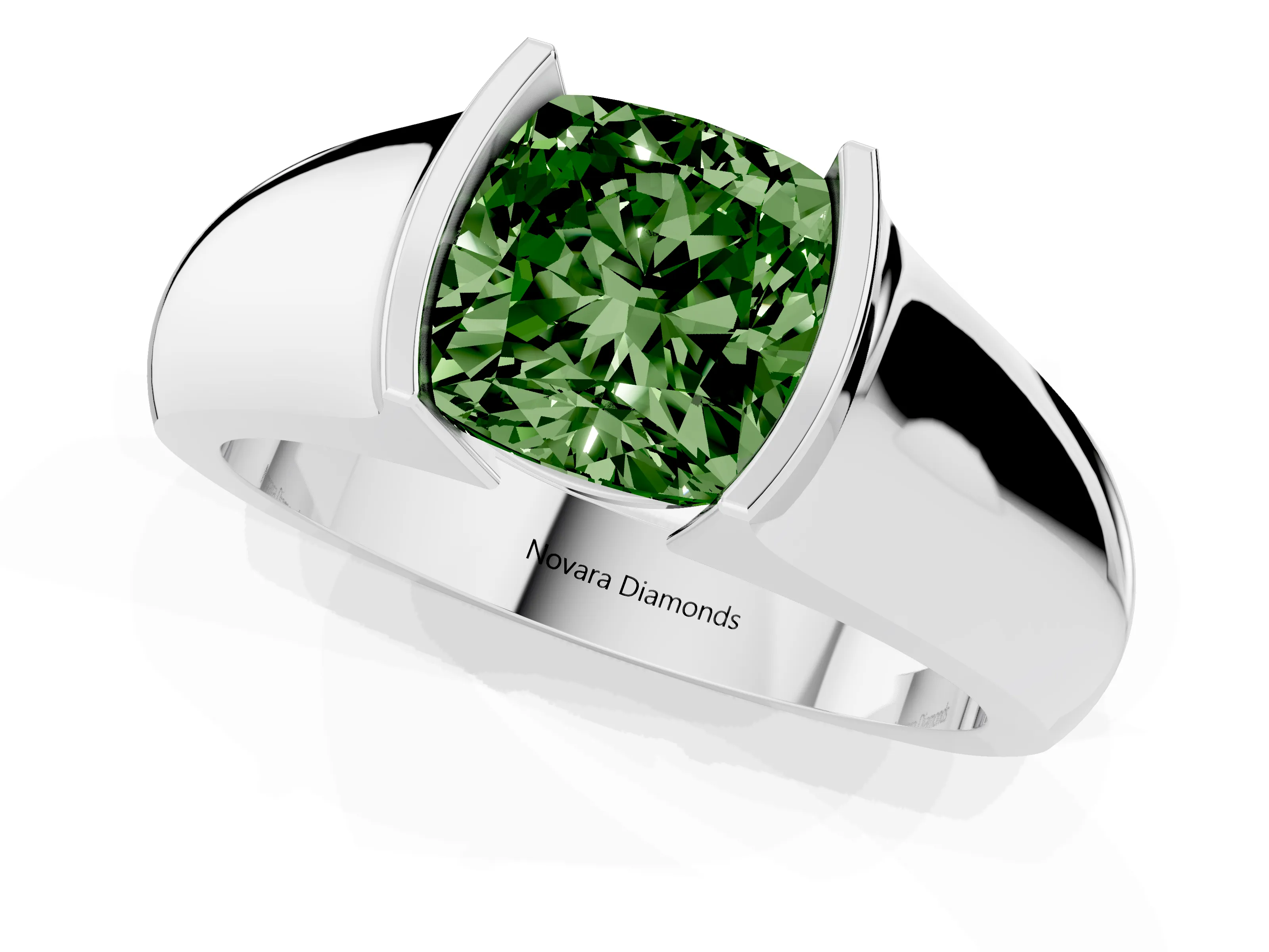Fancy Green Cushion Cut Diamond Bezel Solitaire Ring Set in Platinum with Wide Band