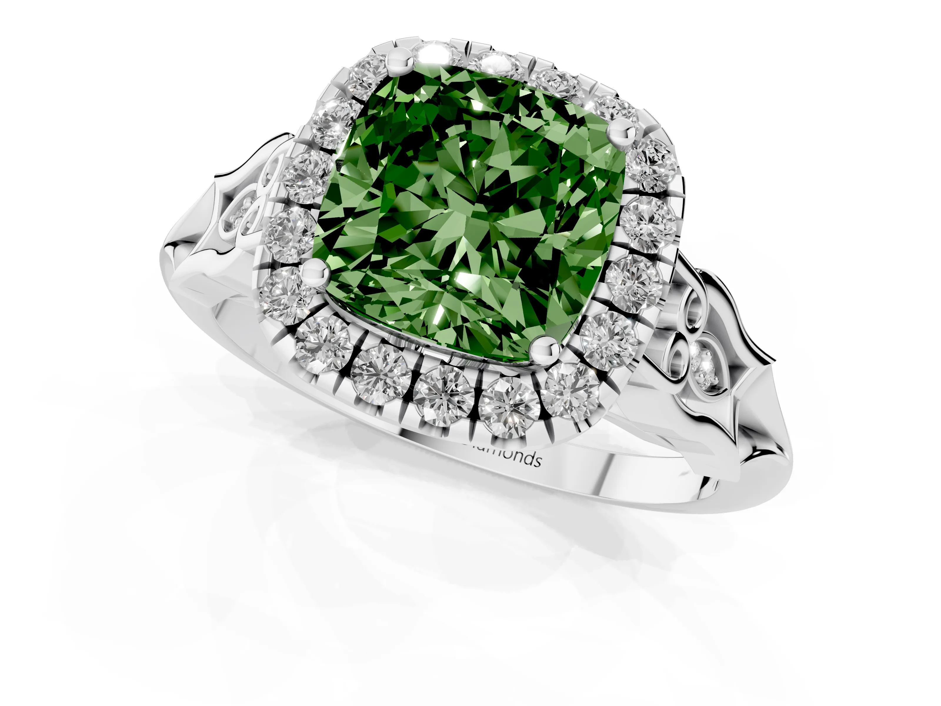 Fancy Green Cushion Cut Diamond Halo Engagement Ring Set in White gold with Filigree Band and Prong-Set Center