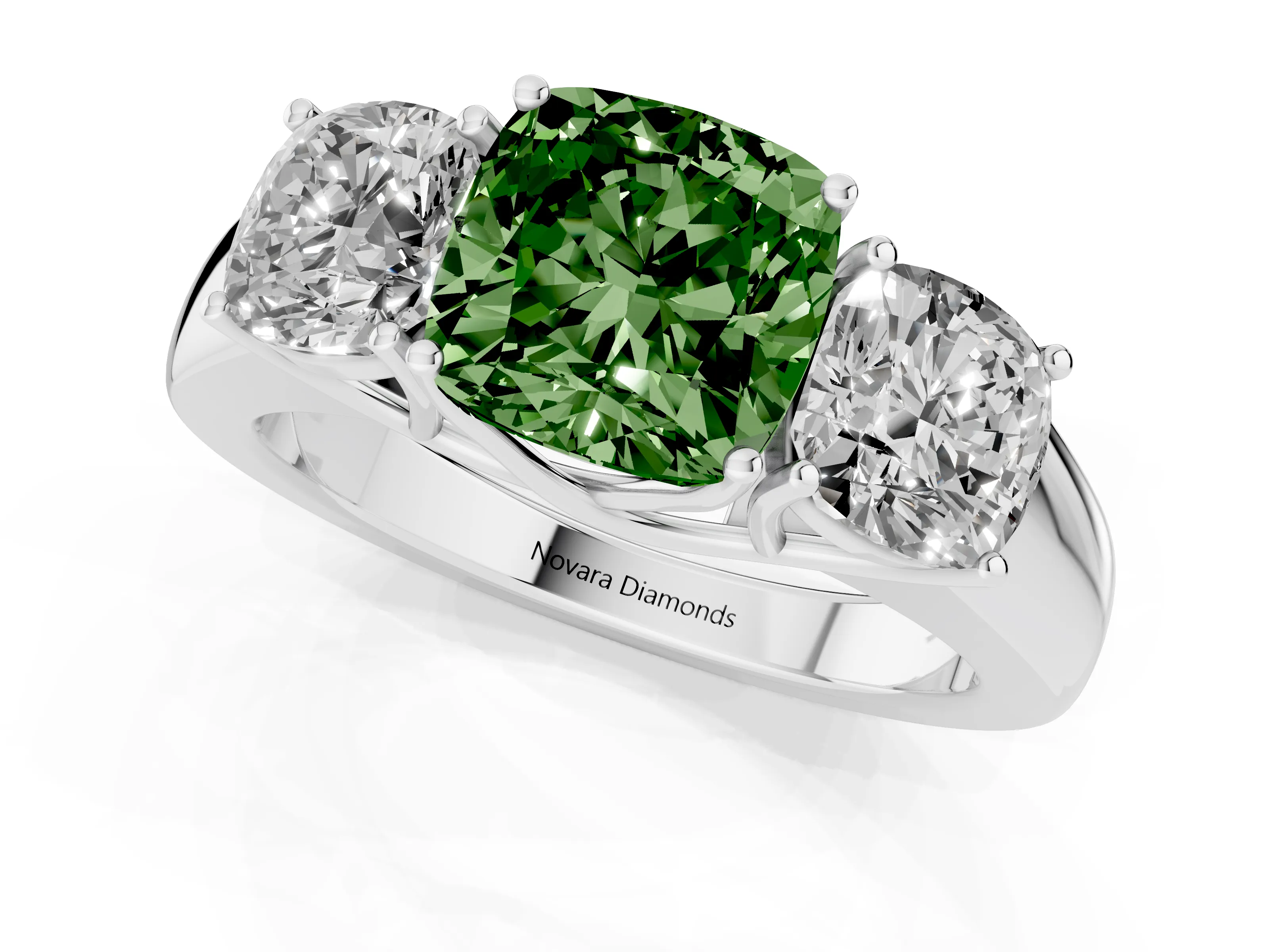 Fancy Green Three-Stone Cushion Cut Diamond Ring Set in Platinum with Matching Prong Settings and Plain Band