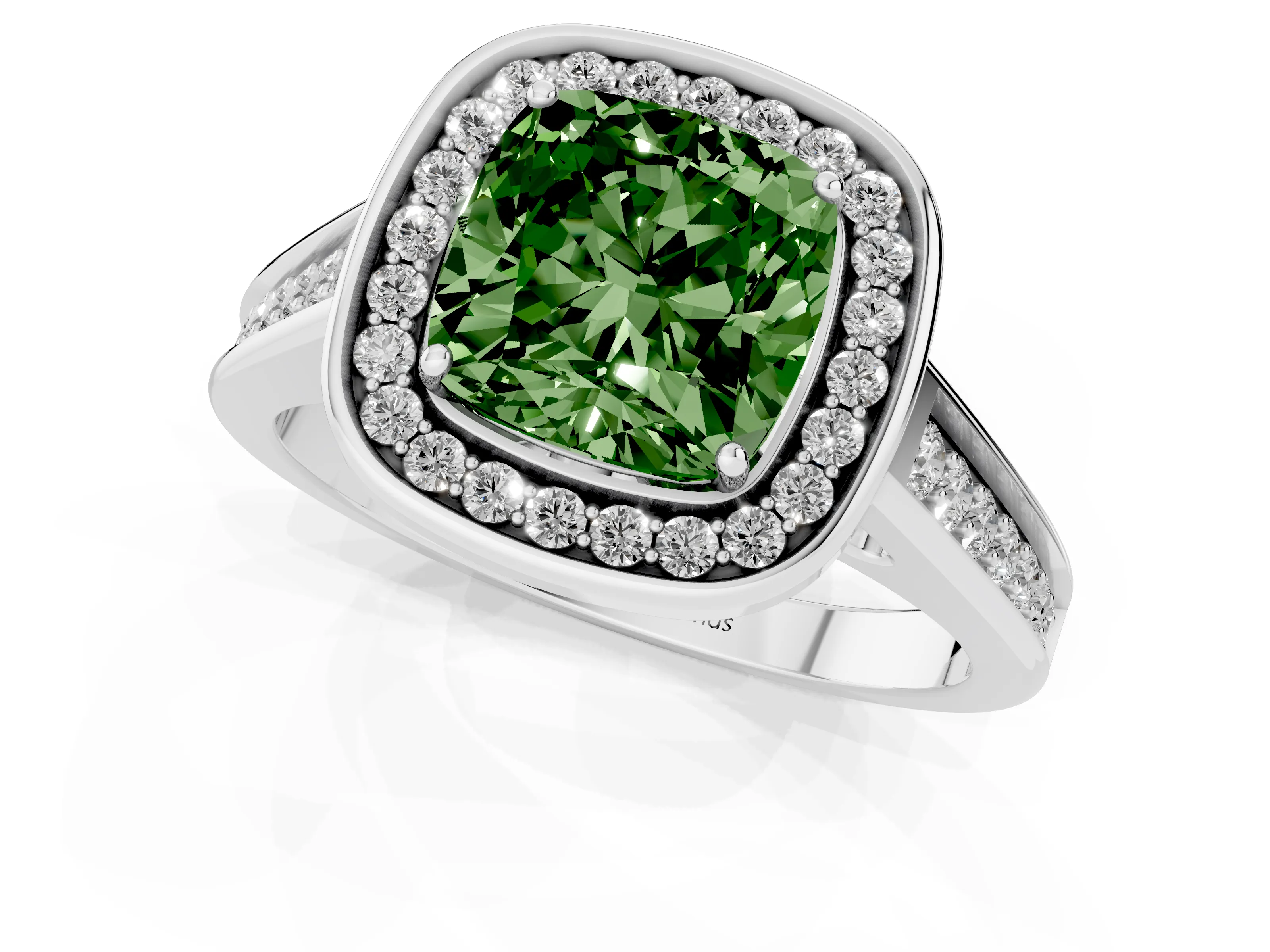 Fancy Green Cushion Cut Diamond Halo Solitaire Ring Set in Silver with Pavé Band and Bezel Setting