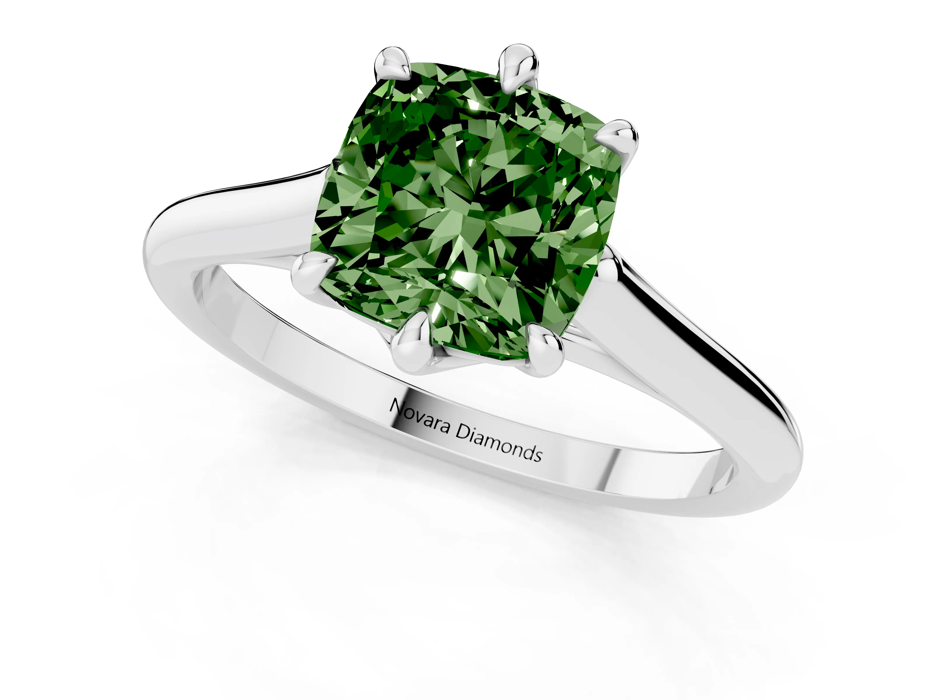 Fancy Green Cushion Cut Diamond Solitaire Engagement Ring Set in White gold with Prong Setting and Plain Classic Band