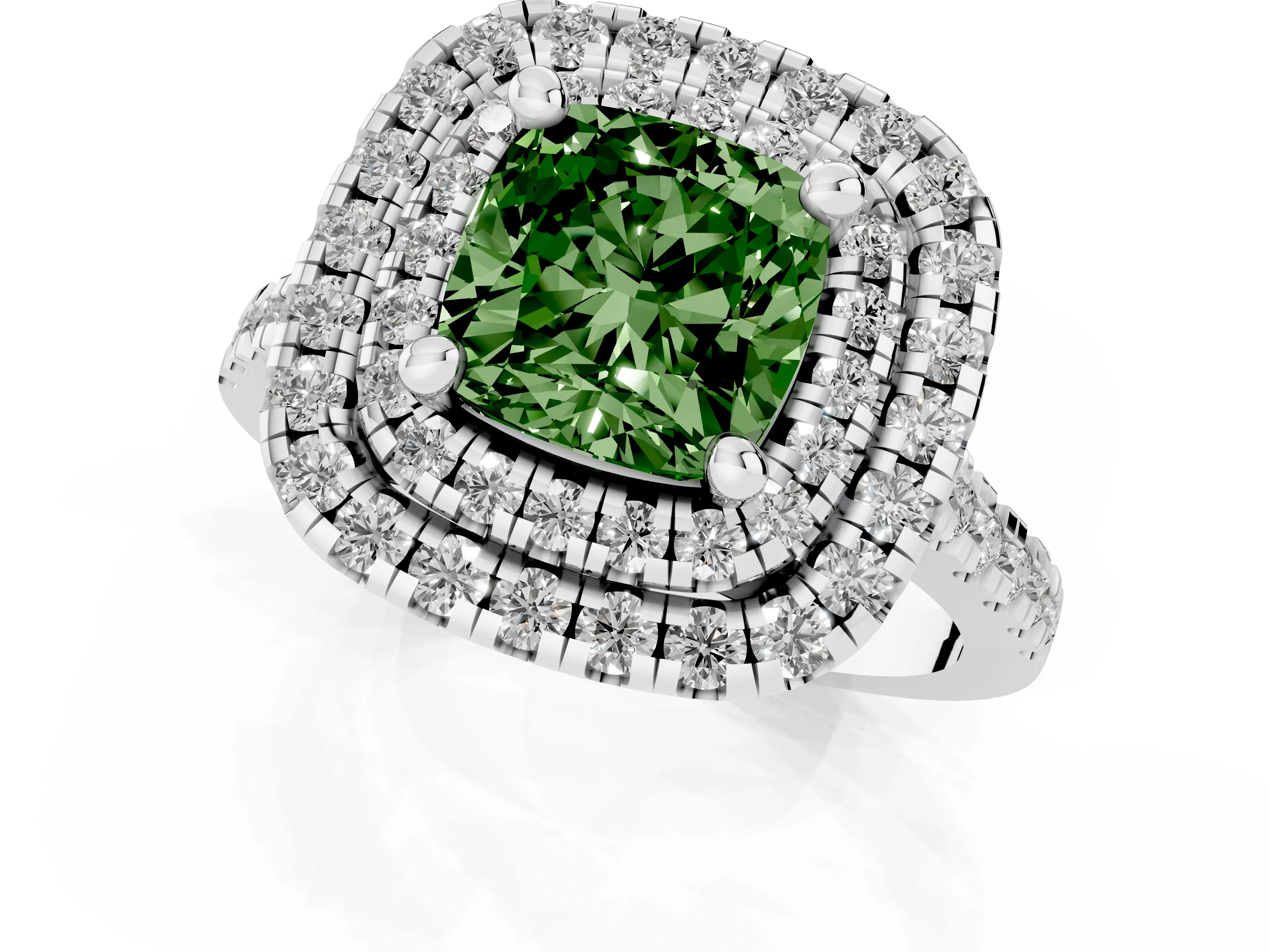 Fancy Green Cushion Cut Diamond Double Halo Statement Ring Set in White gold with Pavé Band