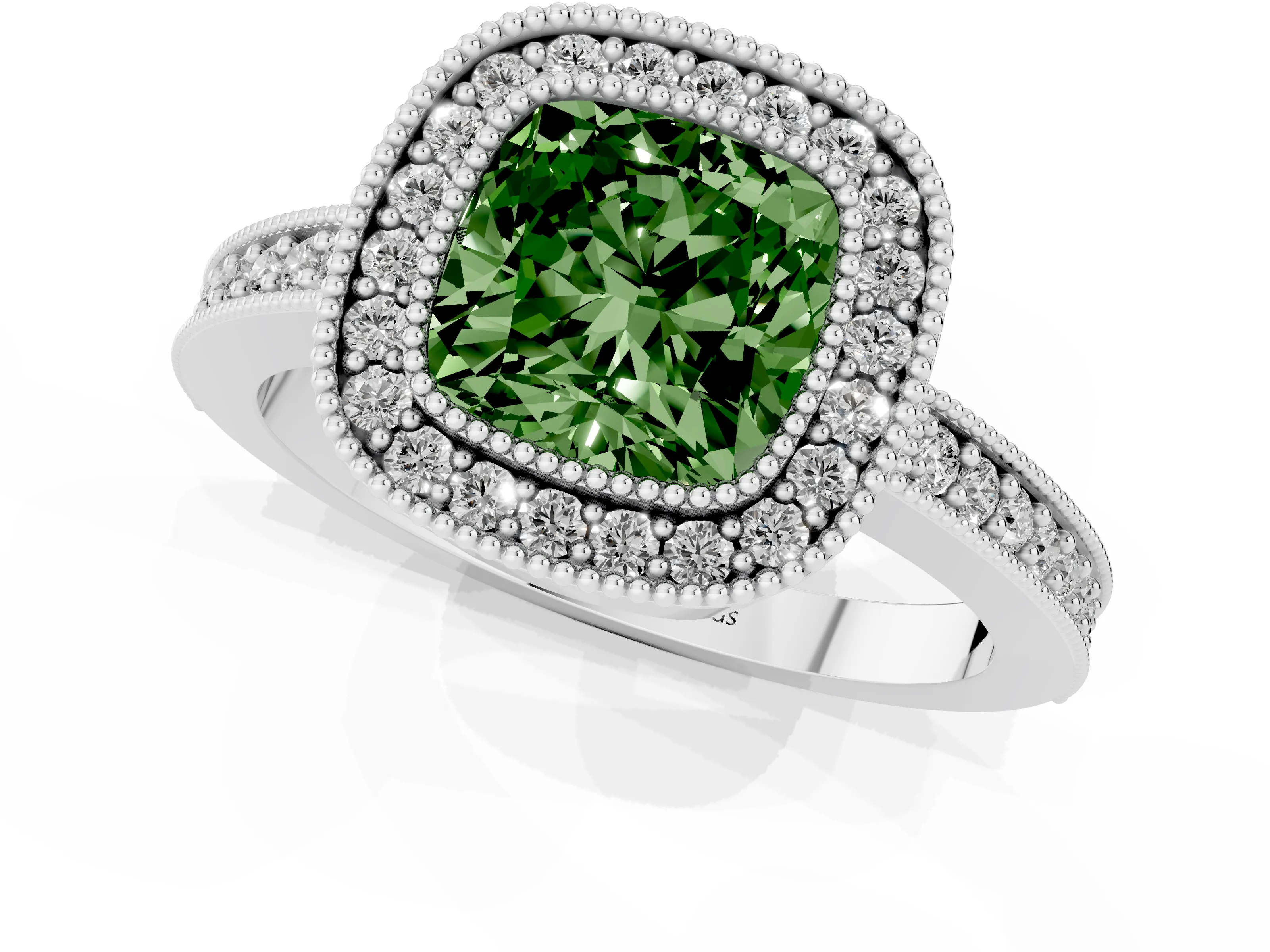 Fancy Green Cushion Cut Diamond Halo Engagement Ring Set in White gold with Pavé Band and Round Halo Stones