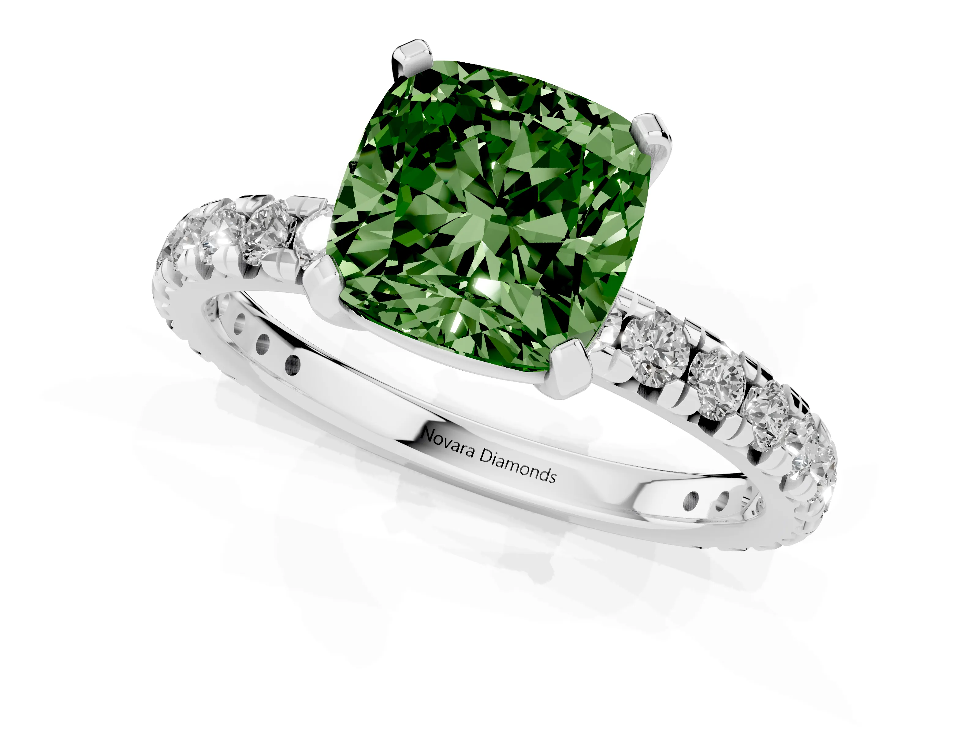 Fancy Green Cushion Cut Diamond Pavé Solitaire Ring Set in White gold with Round Band and Prong Setting