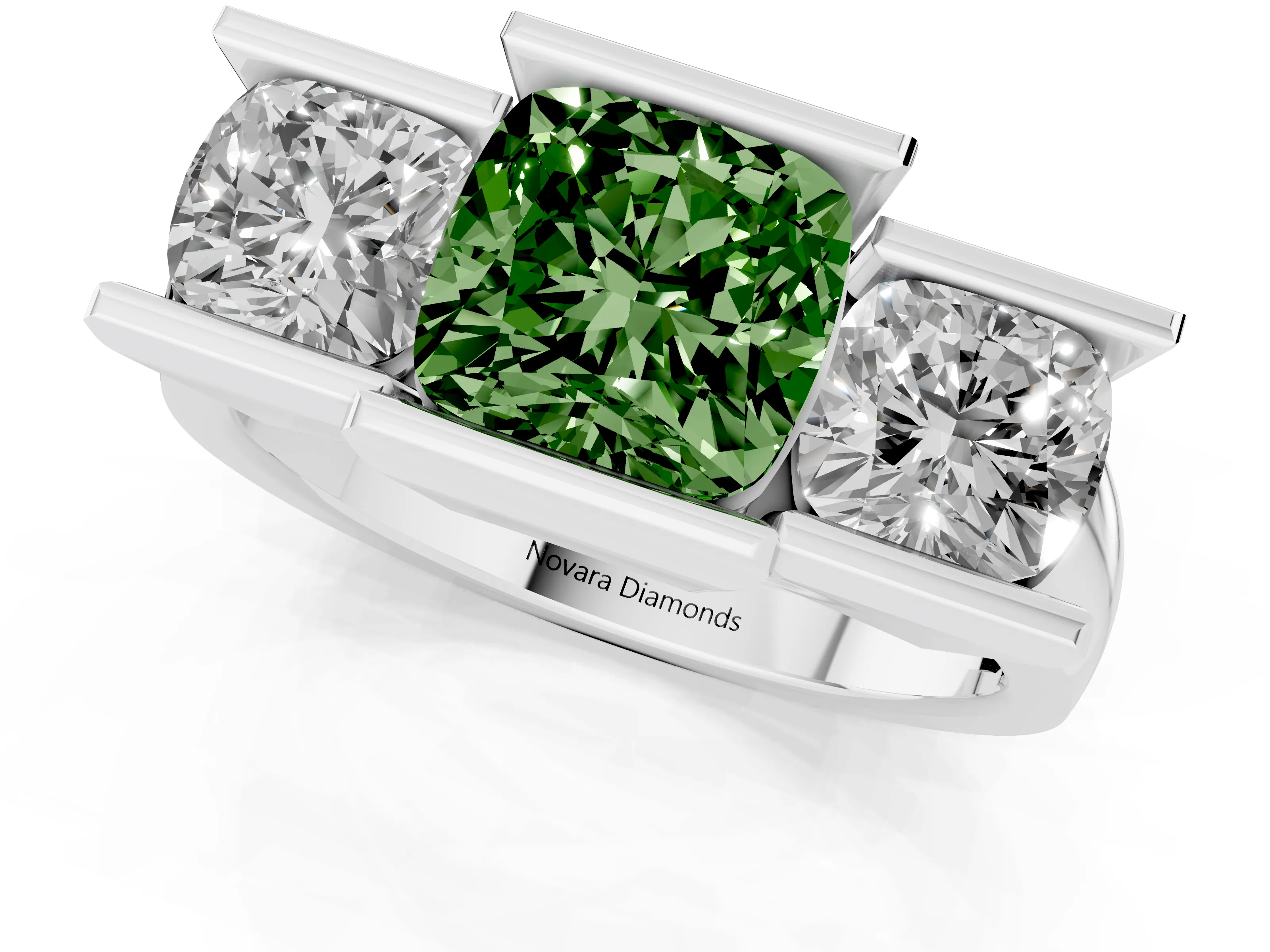 Fancy Green Cushion Cut Diamond Three-Stone Channel Set Ring Set in Platinum with Smooth Polished Band