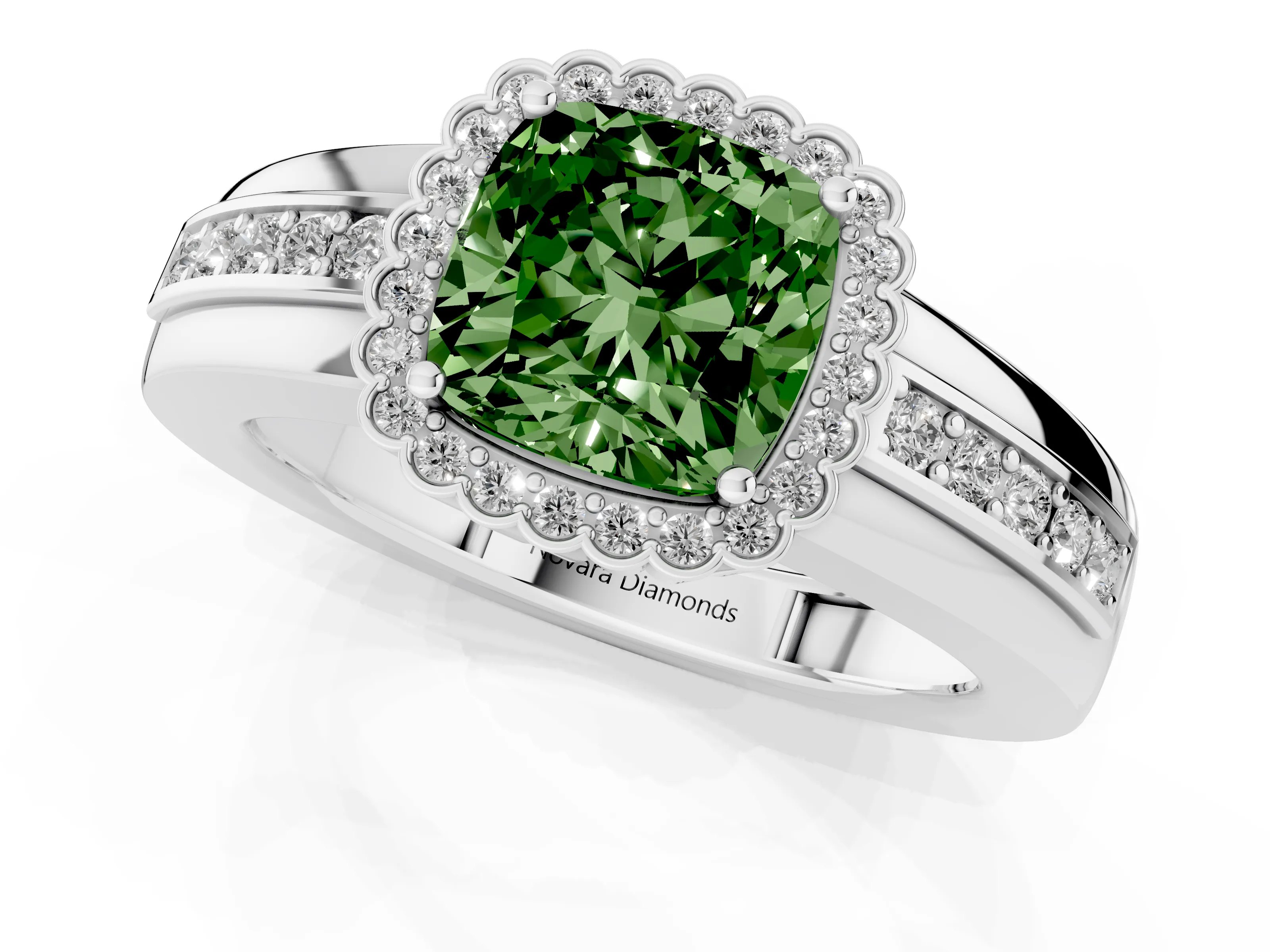 Fancy Green Cushion Cut Diamond Halo Prong Ring Set in Platinum with Pavé Band