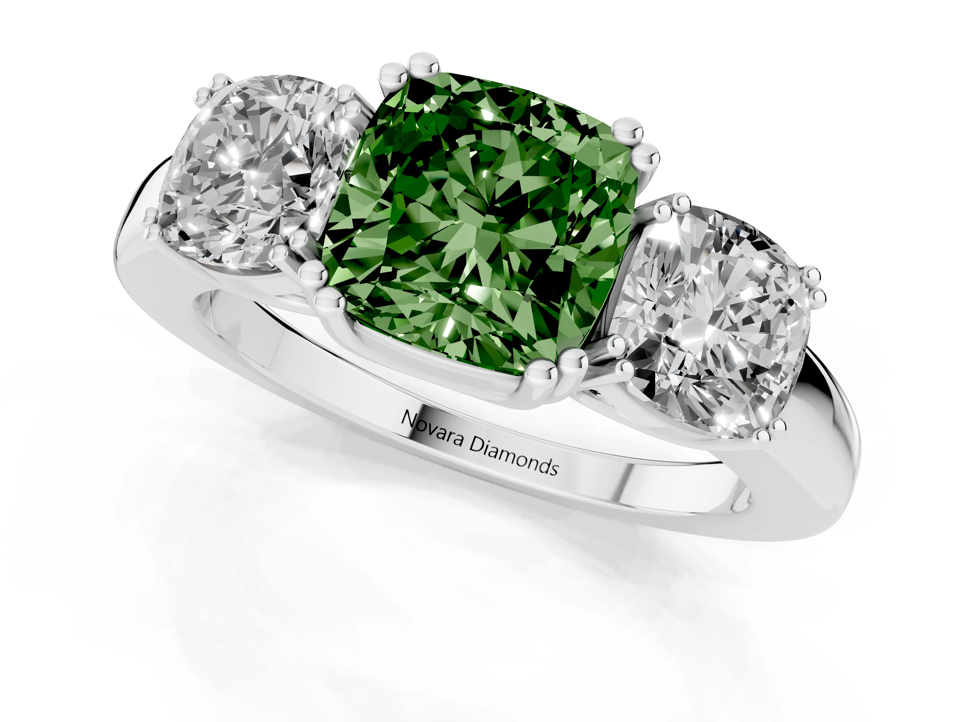Fancy Green Cushion Cut Diamond Three-Stone Ring Set in Silver with Polished Band and Prong Setting