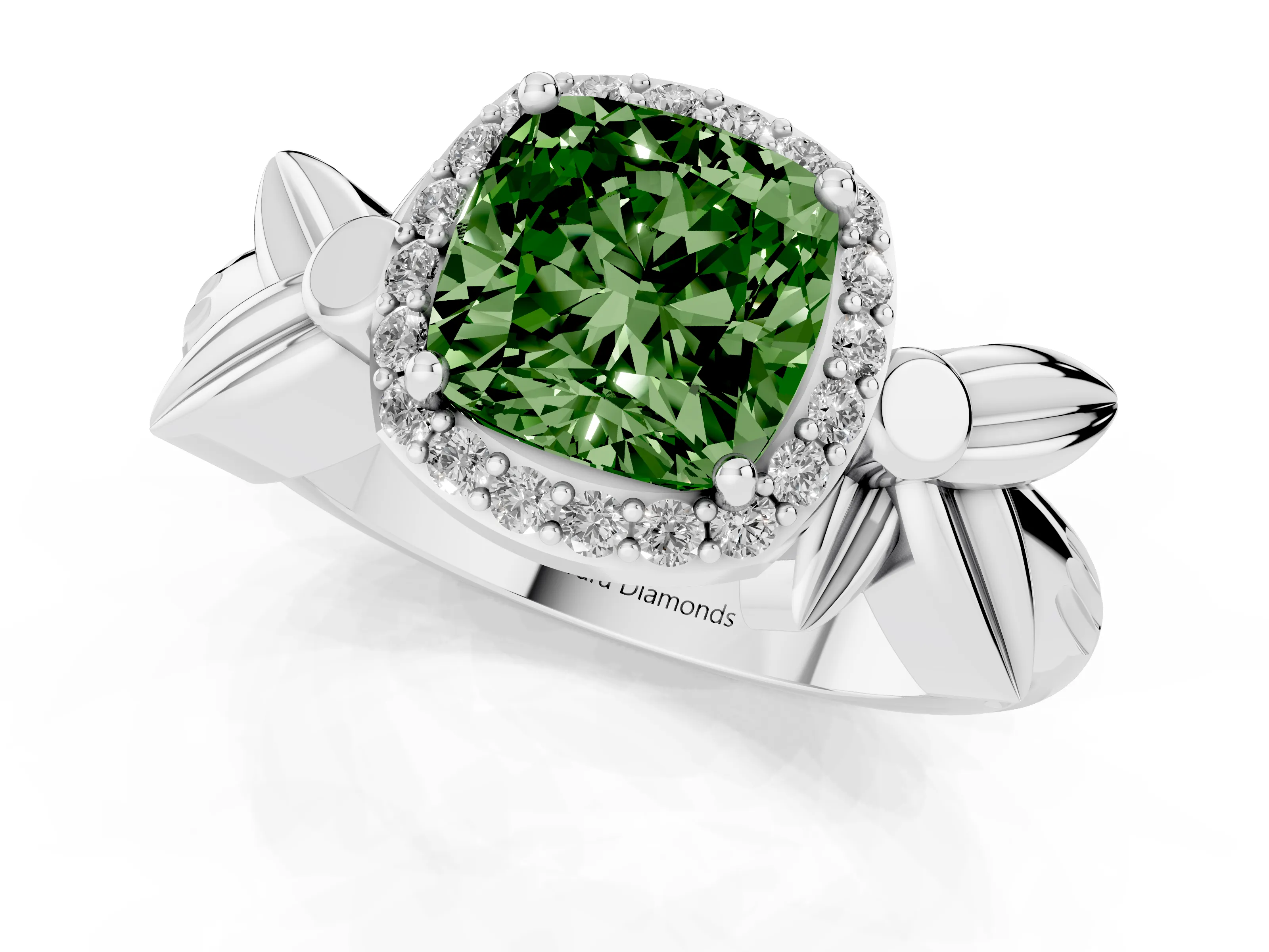 Fancy Green Cushion Cut Diamond Halo Floral Band Ring Set in Platinum with Prong Setting