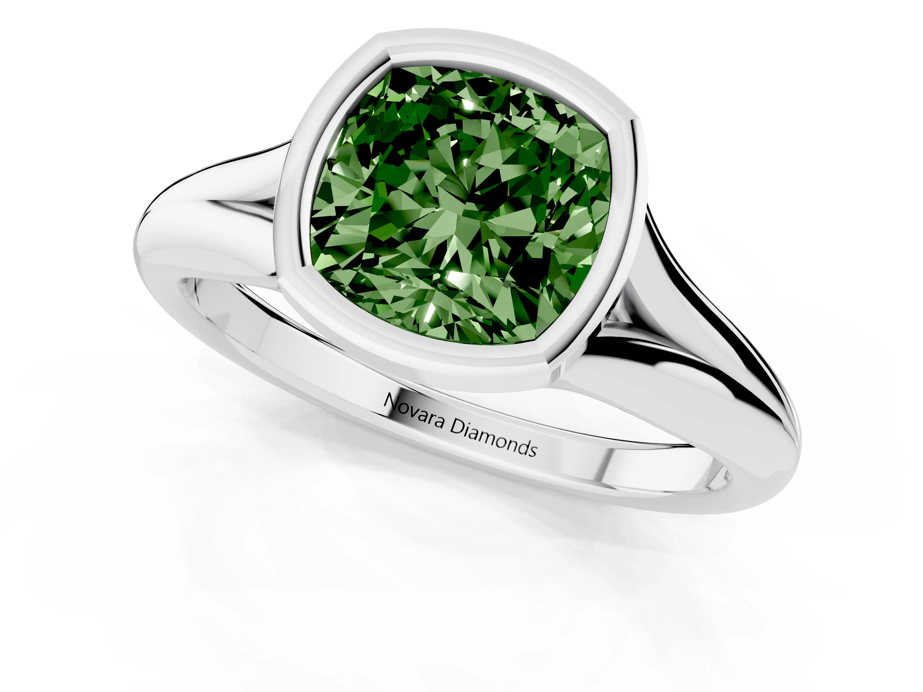 Fancy Green Bezel Set Cushion Cut Diamond Solitaire Ring Set in Silver with Smooth Band