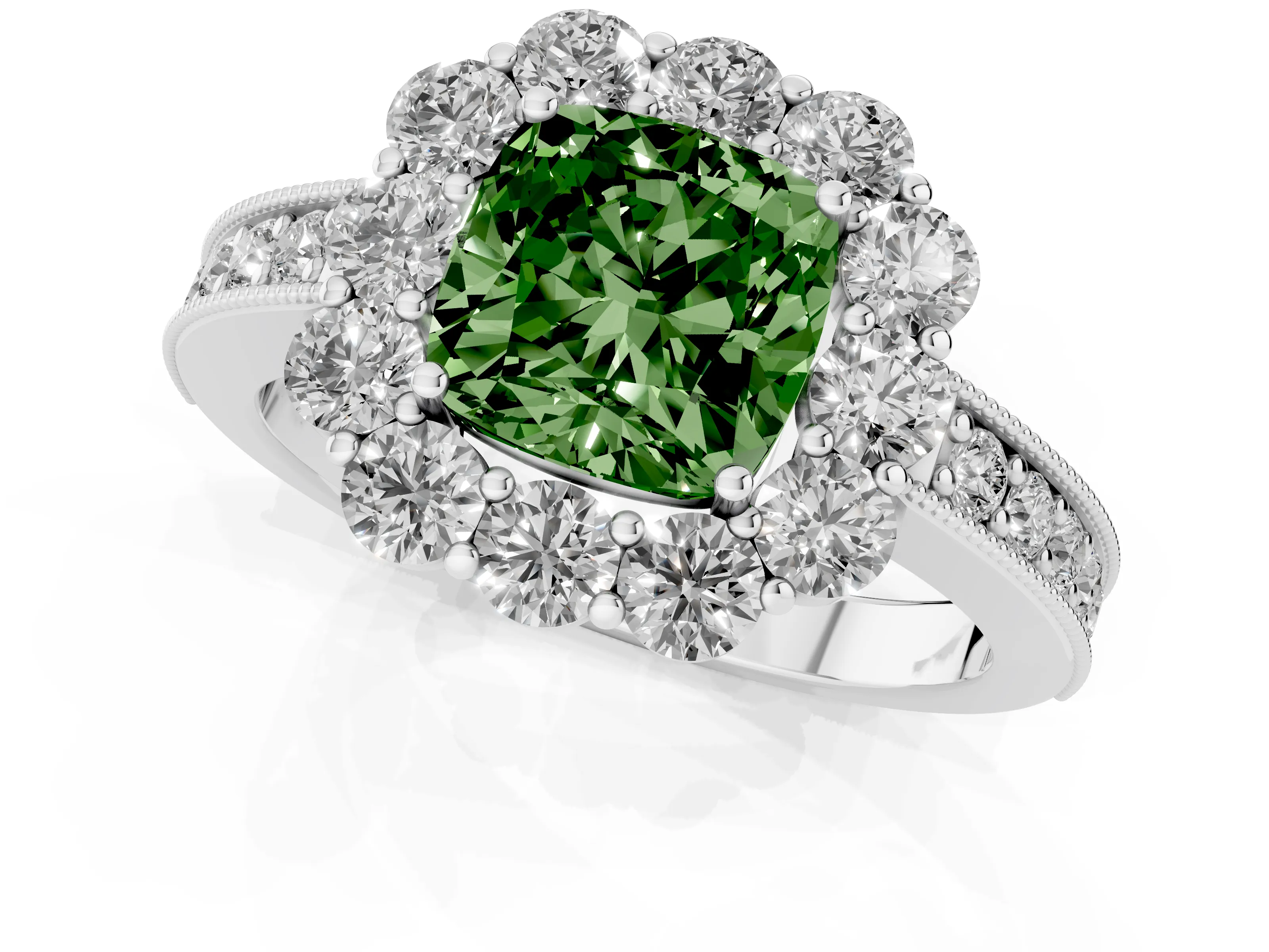 Fancy Green Cushion Cut Diamond Halo Pavé Engagement Ring Set in Silver with Milgrain Detailing