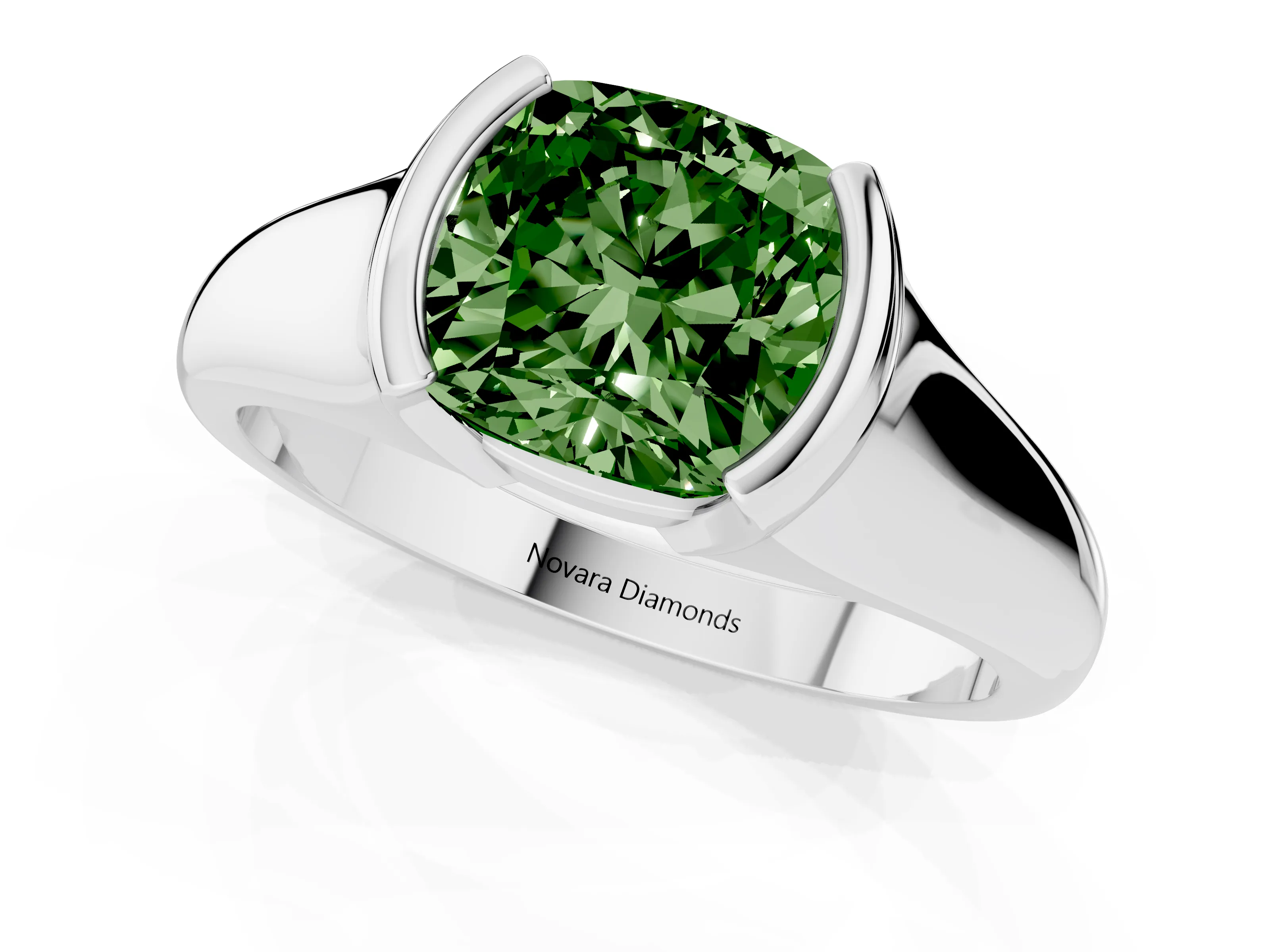 Fancy Green Cushion Cut Diamond Solitaire Tension Set Ring Set in Silver with Split Shank Band