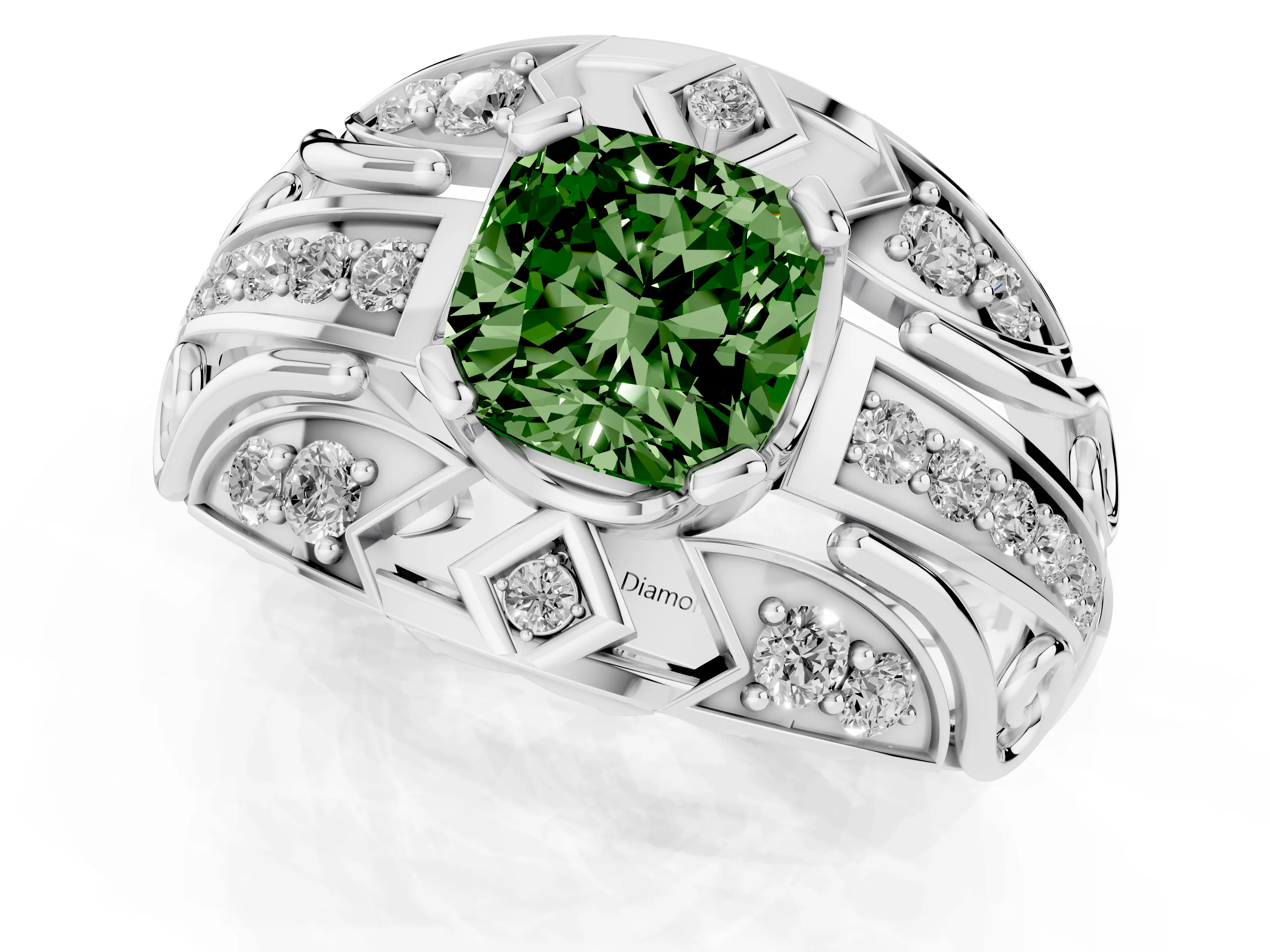 Fancy Green Cushion Cut Diamond Art Deco Ring Set in Platinum with Pavé Split Shank