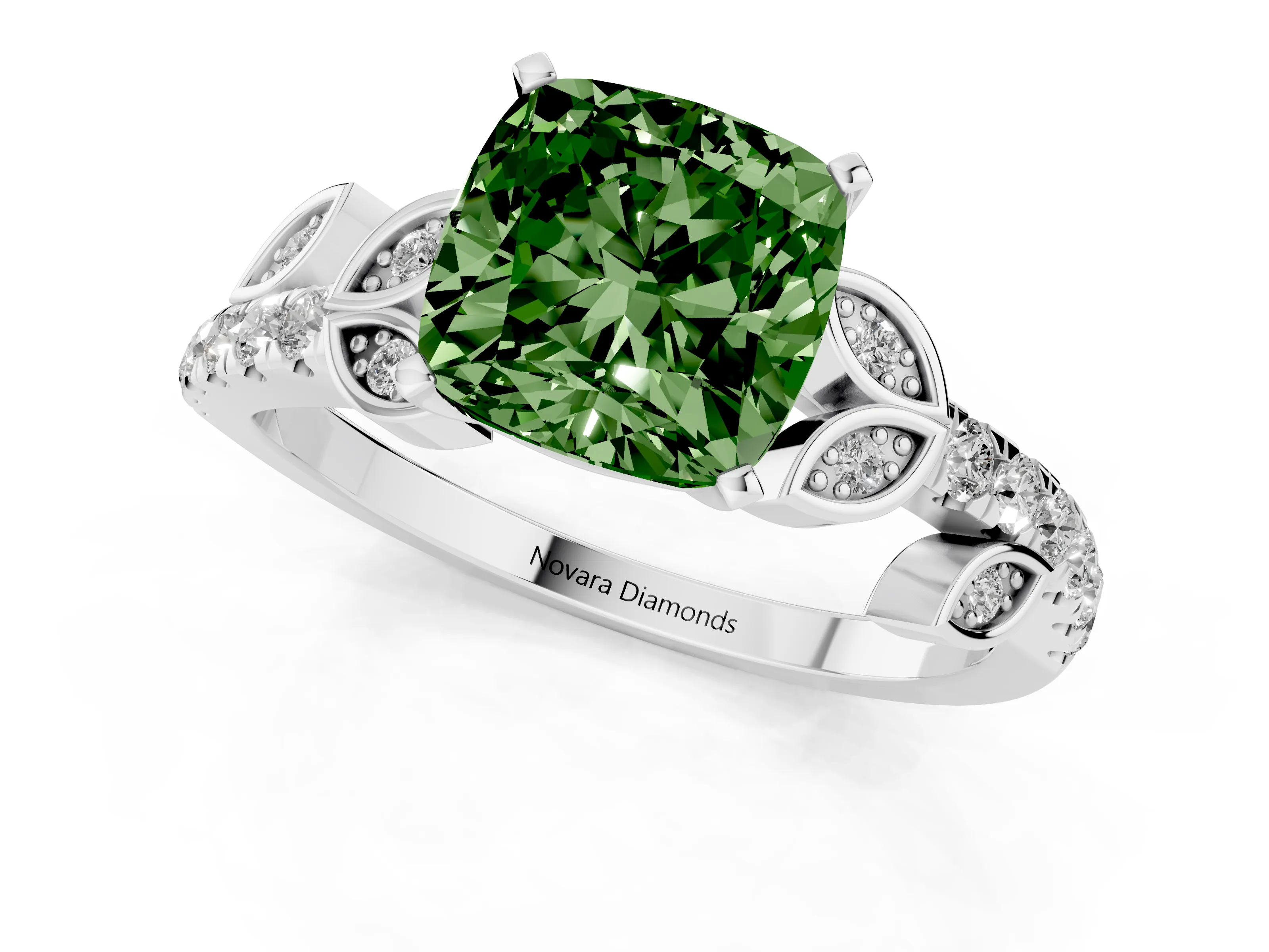Fancy Green Cushion Cut Diamond Solitaire Leaf-Inspired Ring Set in Platinum with Pavé Band and Prong Setting